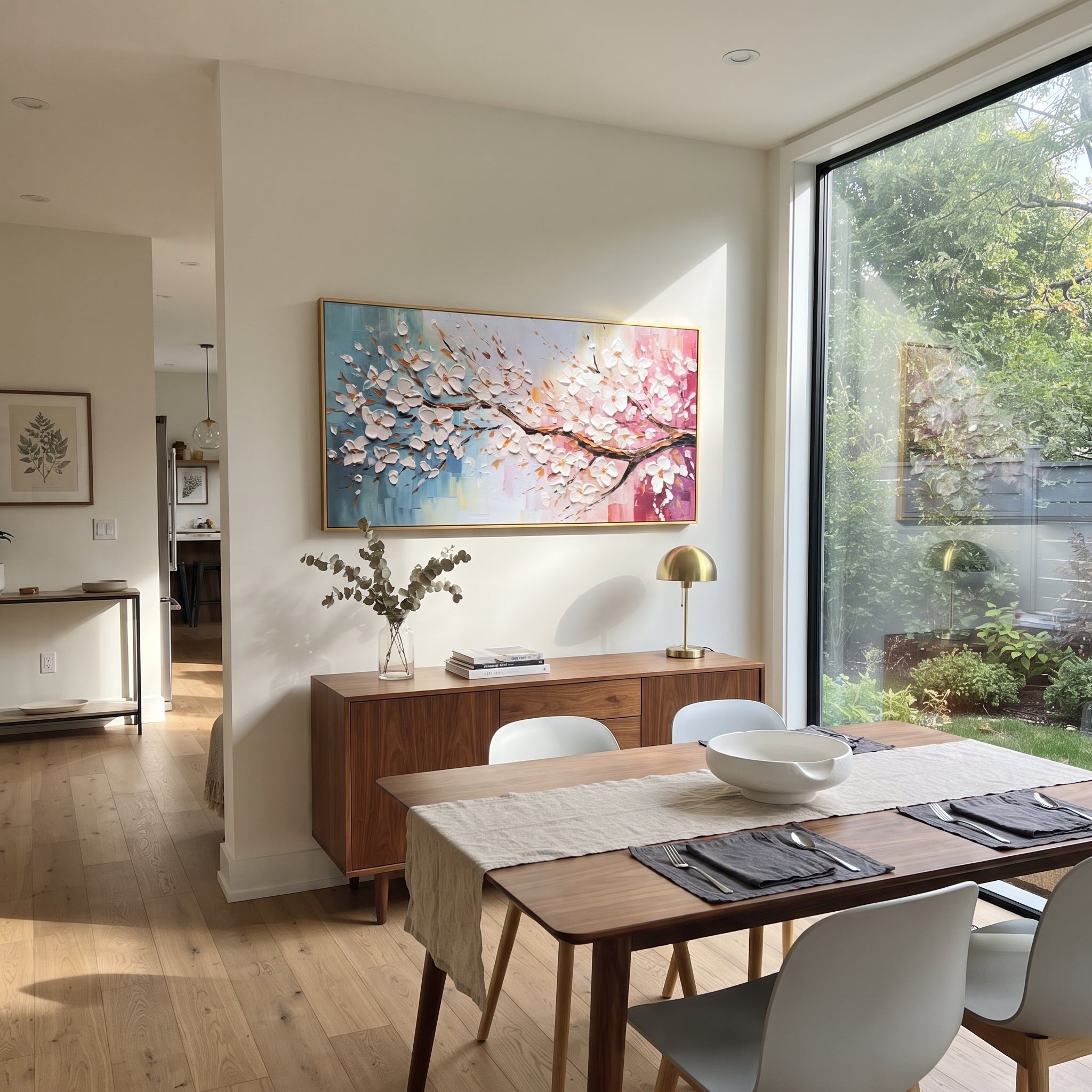 "White Blossom Branch Painting" focuses on atmosphere, surface movement, and sculptural heavy impasto craftsmanship rather than a fixed literal storyline. The composition uses this hand-painted panoramic canvas presents a sweeping branch of raised white blossoms crossing blue, cream, and pink textured background panels with warm brown leaf accents as the visual anchor, while layered palette-knife paint, raised plaster-like texture, and softened brush movement create tactile depth across the