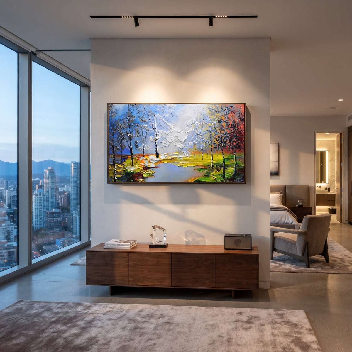 "Bright Lakeside Birch Painting" focuses on atmosphere, surface movement, and sculptural heavy impasto craftsmanship rather than a fixed literal storyline. The composition uses this hand-painted panoramic canvas presents a lakeside landscape with slender birch trees, bright green banks, blue sky, white clouds, and orange red trees at the edge as the visual anchor, while layered palette-knife paint, raised plaster-like texture, and softened brush movement create tactile depth across the canvas.