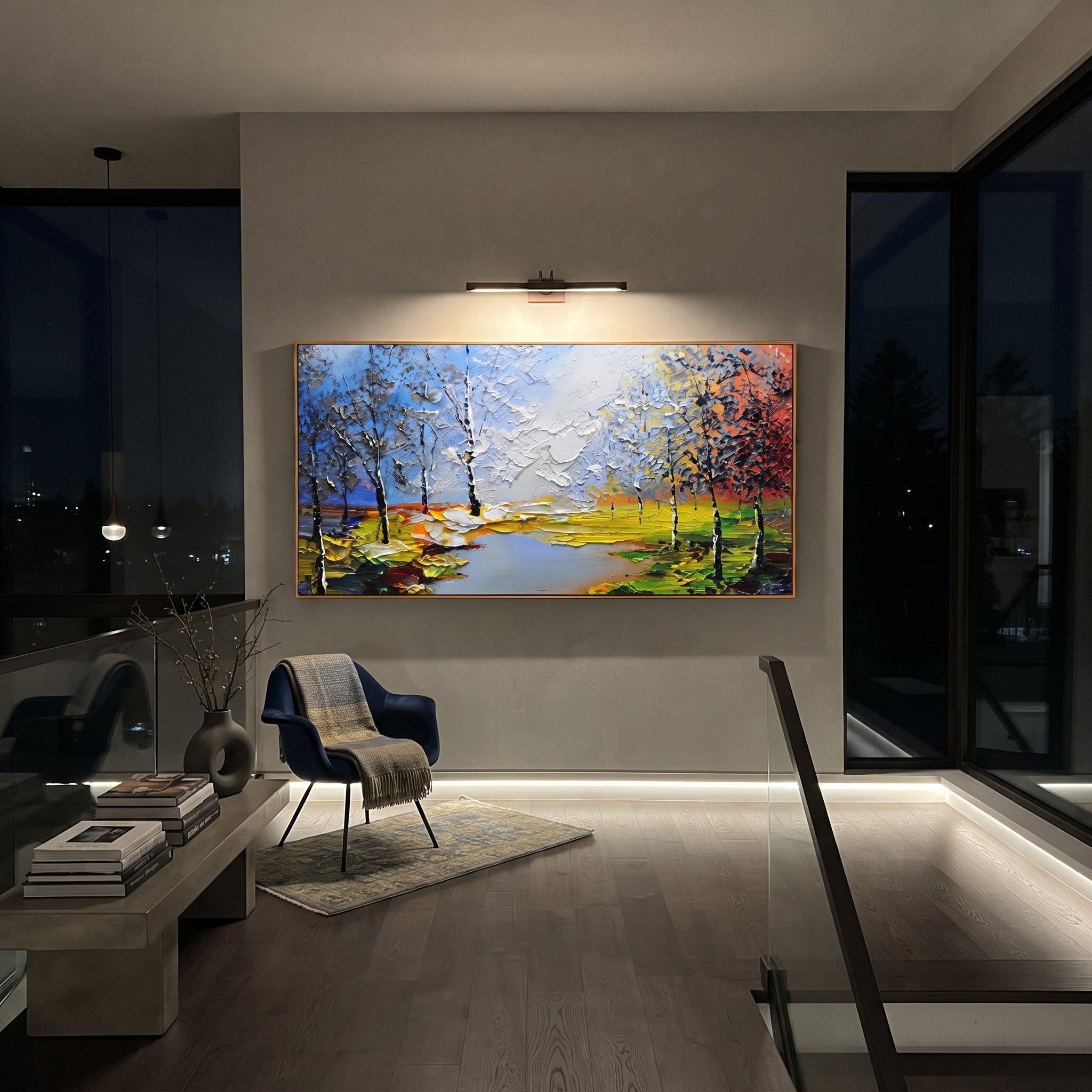 "Bright Lakeside Birch Painting" focuses on atmosphere, surface movement, and sculptural heavy impasto craftsmanship rather than a fixed literal storyline. The composition uses this hand-painted panoramic canvas presents a lakeside landscape with slender birch trees, bright green banks, blue sky, white clouds, and orange red trees at the edge as the visual anchor, while layered palette-knife paint, raised plaster-like texture, and softened brush movement create tactile depth across the canvas.