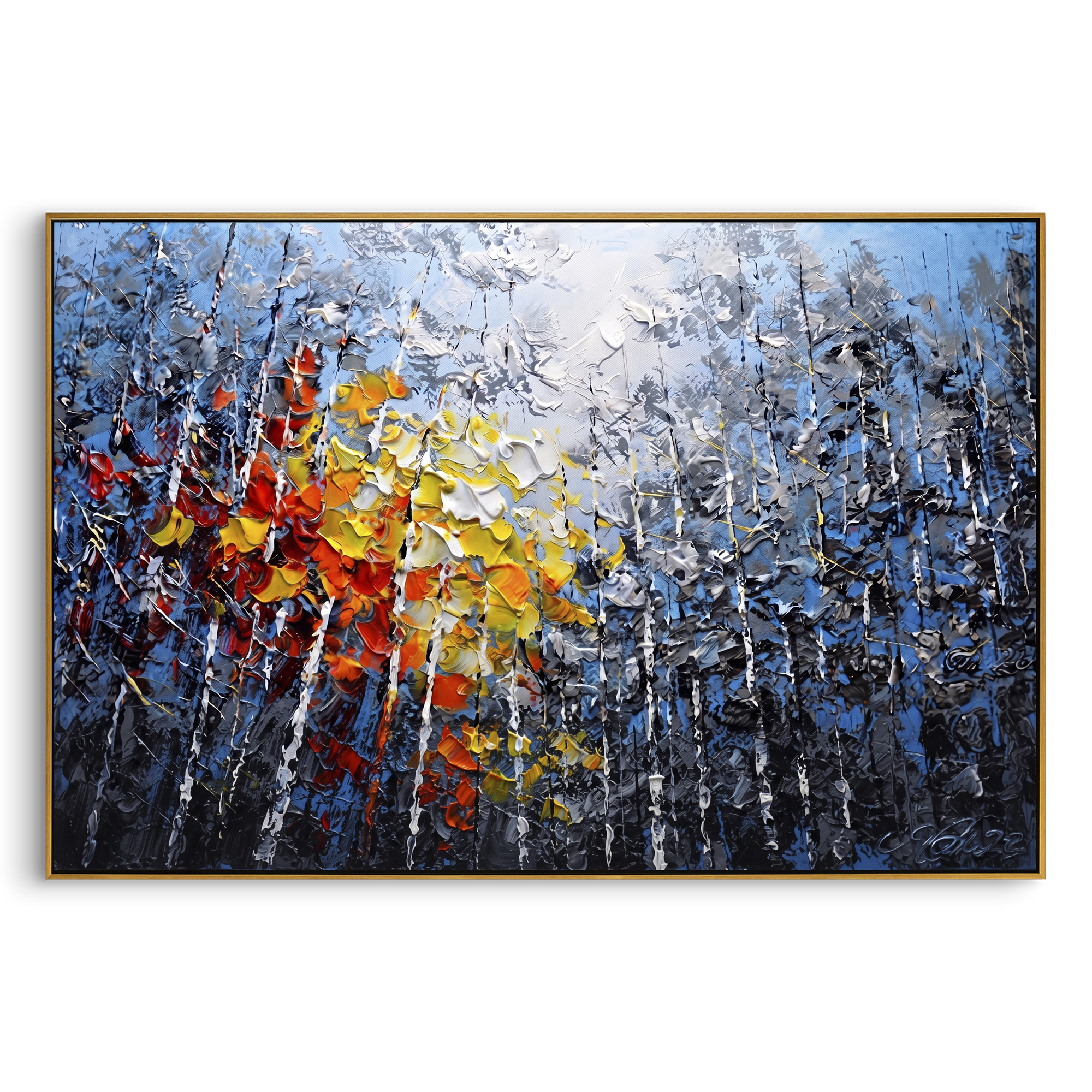 "Blue Birch Autumn Glow Painting" focuses on atmosphere, surface movement, and sculptural heavy impasto craftsmanship rather than a fixed literal storyline. The composition uses this hand-painted horizontal canvas presents blue grey birch woods with white vertical trunks, smoky foliage, and thick red, orange, yellow, and white palette-knife leaves glowing through the center as the visual anchor, while layered palette-knife paint, raised plaster-like texture, and softened brush movement create