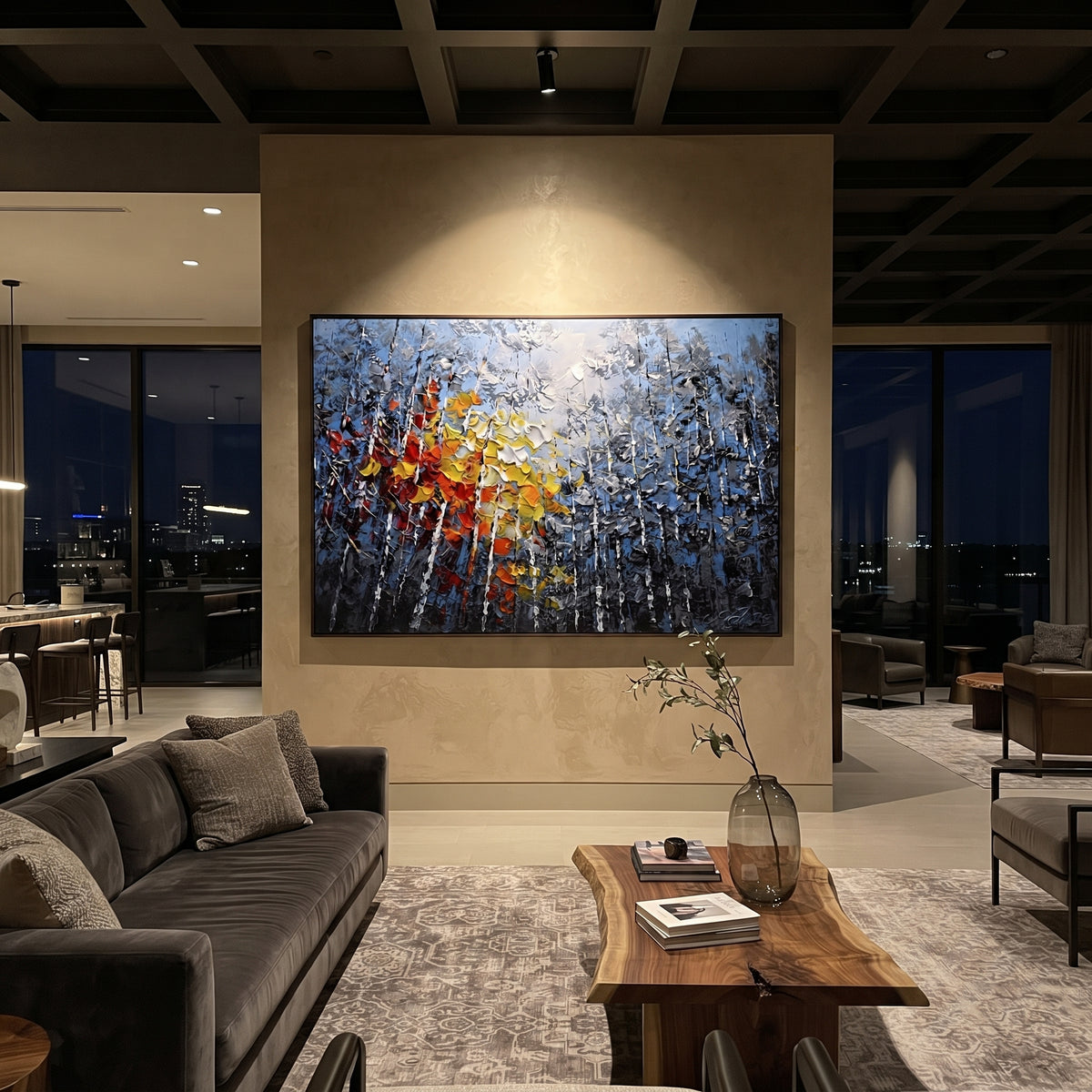 "Blue Birch Autumn Glow Painting" focuses on atmosphere, surface movement, and sculptural heavy impasto craftsmanship rather than a fixed literal storyline. The composition uses this hand-painted horizontal canvas presents blue grey birch woods with white vertical trunks, smoky foliage, and thick red, orange, yellow, and white palette-knife leaves glowing through the center as the visual anchor, while layered palette-knife paint, raised plaster-like texture, and softened brush movement create