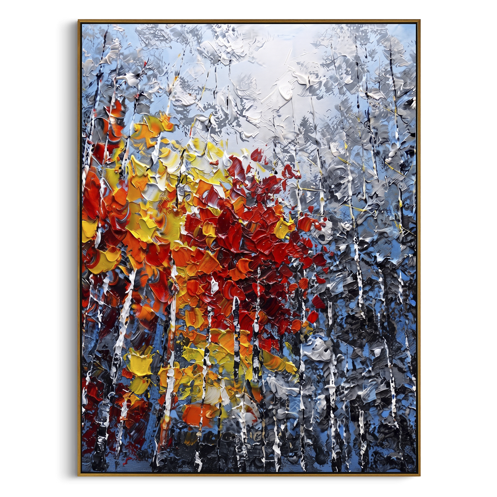 "Red Gold Birch Forest Painting" focuses on atmosphere, surface movement, and sculptural heavy impasto craftsmanship rather than a fixed literal storyline. The composition uses this hand-painted vertical canvas features a dense birch forest with blue grey trunks and a central rush of raised red, orange, yellow, and white foliage built in heavy impasto texture as the visual anchor, while layered palette-knife paint, raised plaster-like texture, and softened brush movement create tactile depth