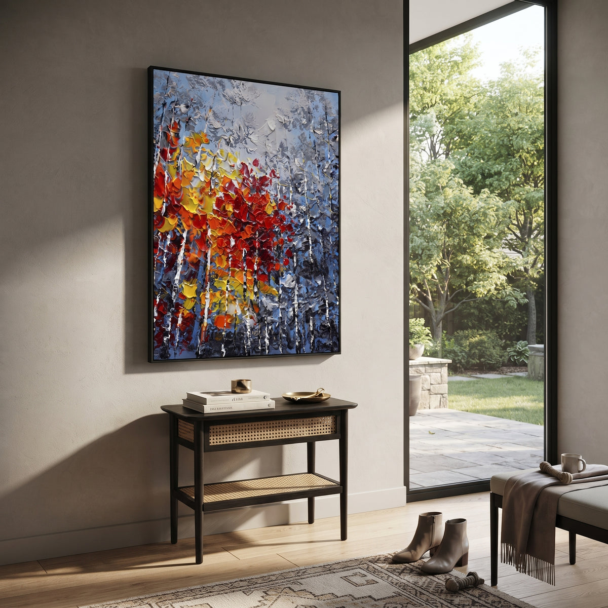 "Red Gold Birch Forest Painting" focuses on atmosphere, surface movement, and sculptural heavy impasto craftsmanship rather than a fixed literal storyline. The composition uses this hand-painted vertical canvas features a dense birch forest with blue grey trunks and a central rush of raised red, orange, yellow, and white foliage built in heavy impasto texture as the visual anchor, while layered palette-knife paint, raised plaster-like texture, and softened brush movement create tactile depth