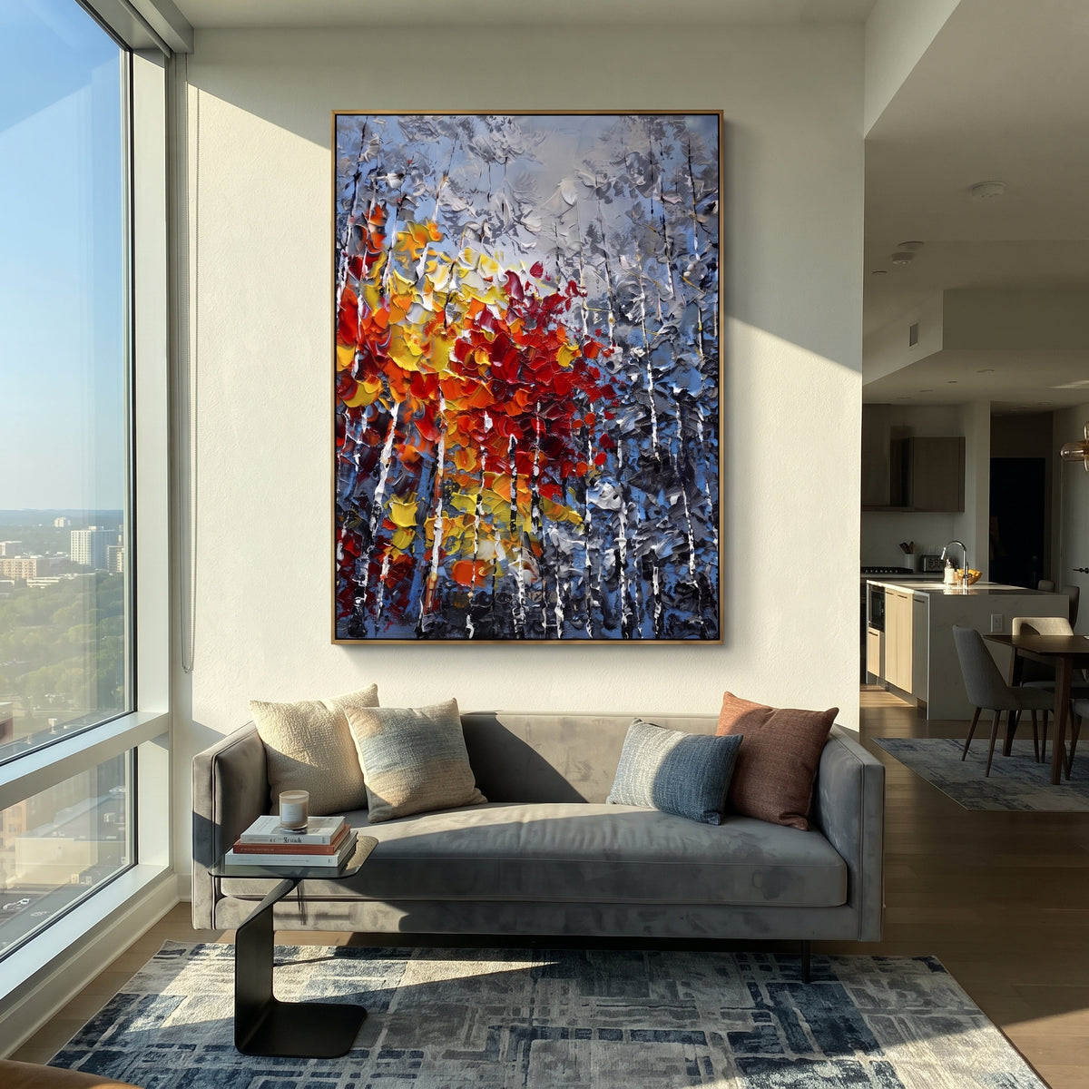 "Red Gold Birch Forest Painting" focuses on atmosphere, surface movement, and sculptural heavy impasto craftsmanship rather than a fixed literal storyline. The composition uses this hand-painted vertical canvas features a dense birch forest with blue grey trunks and a central rush of raised red, orange, yellow, and white foliage built in heavy impasto texture as the visual anchor, while layered palette-knife paint, raised plaster-like texture, and softened brush movement create tactile depth