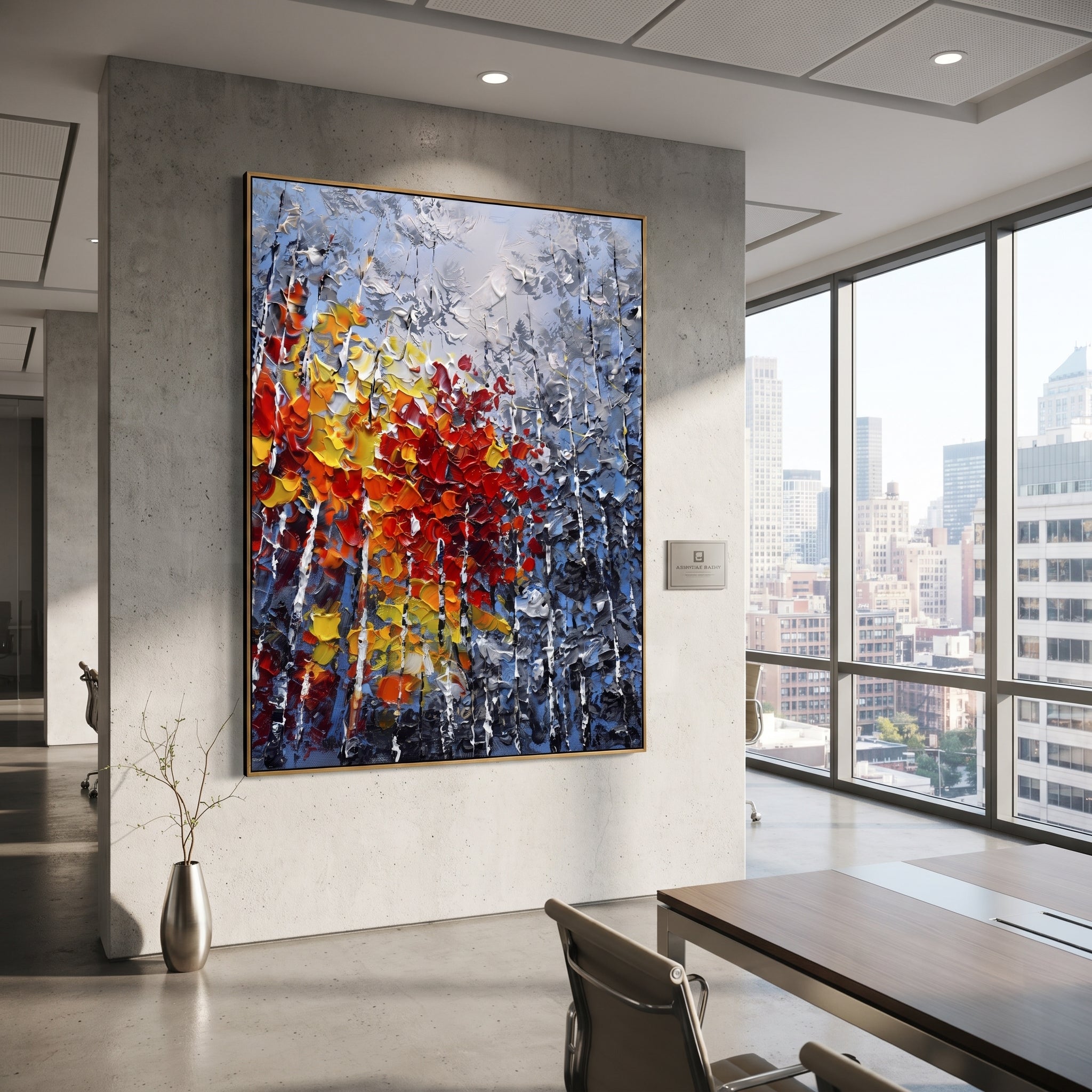 "Red Gold Birch Forest Painting" focuses on atmosphere, surface movement, and sculptural heavy impasto craftsmanship rather than a fixed literal storyline. The composition uses this hand-painted vertical canvas features a dense birch forest with blue grey trunks and a central rush of raised red, orange, yellow, and white foliage built in heavy impasto texture as the visual anchor, while layered palette-knife paint, raised plaster-like texture, and softened brush movement create tactile depth