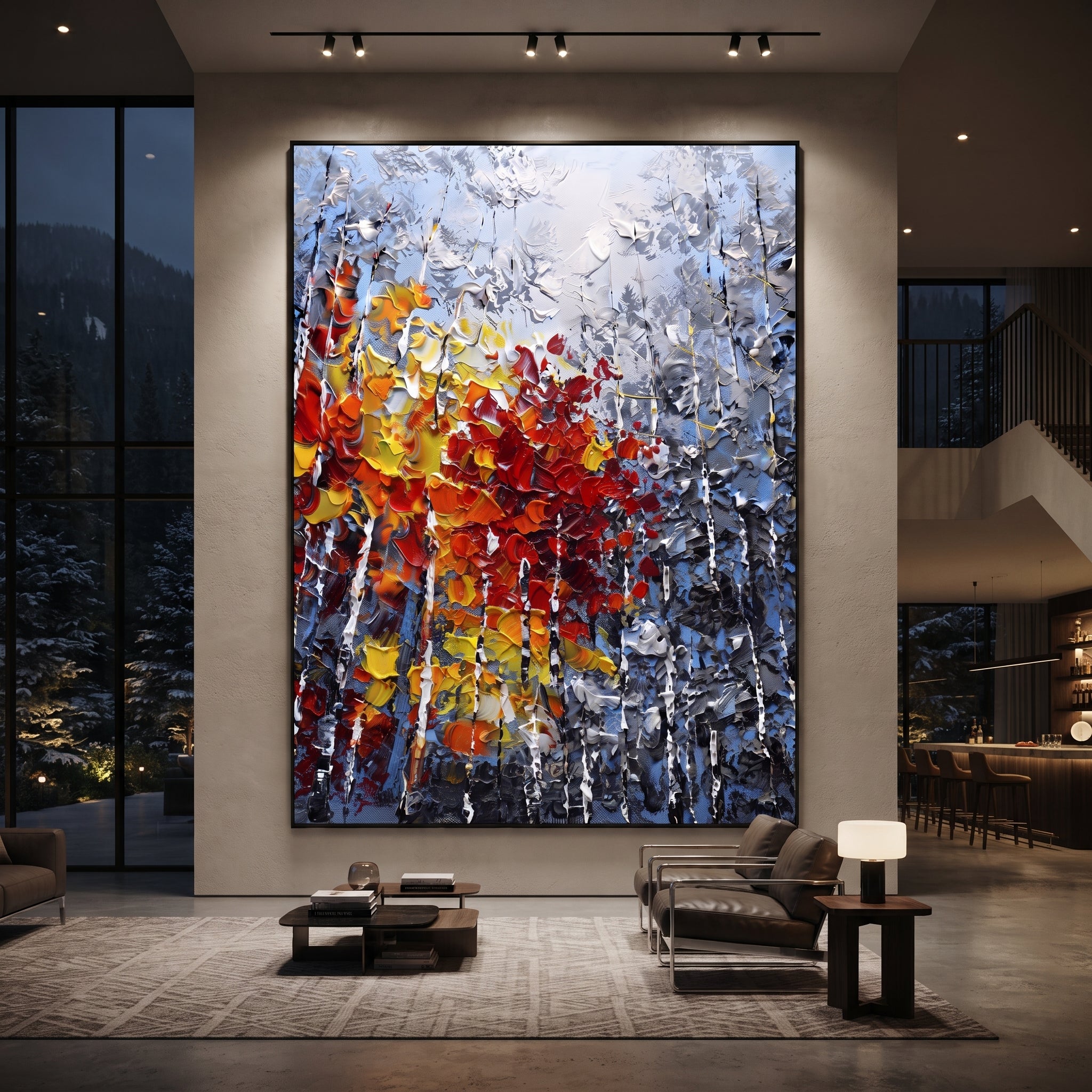 "Red Gold Birch Forest Painting" focuses on atmosphere, surface movement, and sculptural heavy impasto craftsmanship rather than a fixed literal storyline. The composition uses this hand-painted vertical canvas features a dense birch forest with blue grey trunks and a central rush of raised red, orange, yellow, and white foliage built in heavy impasto texture as the visual anchor, while layered palette-knife paint, raised plaster-like texture, and softened brush movement create tactile depth