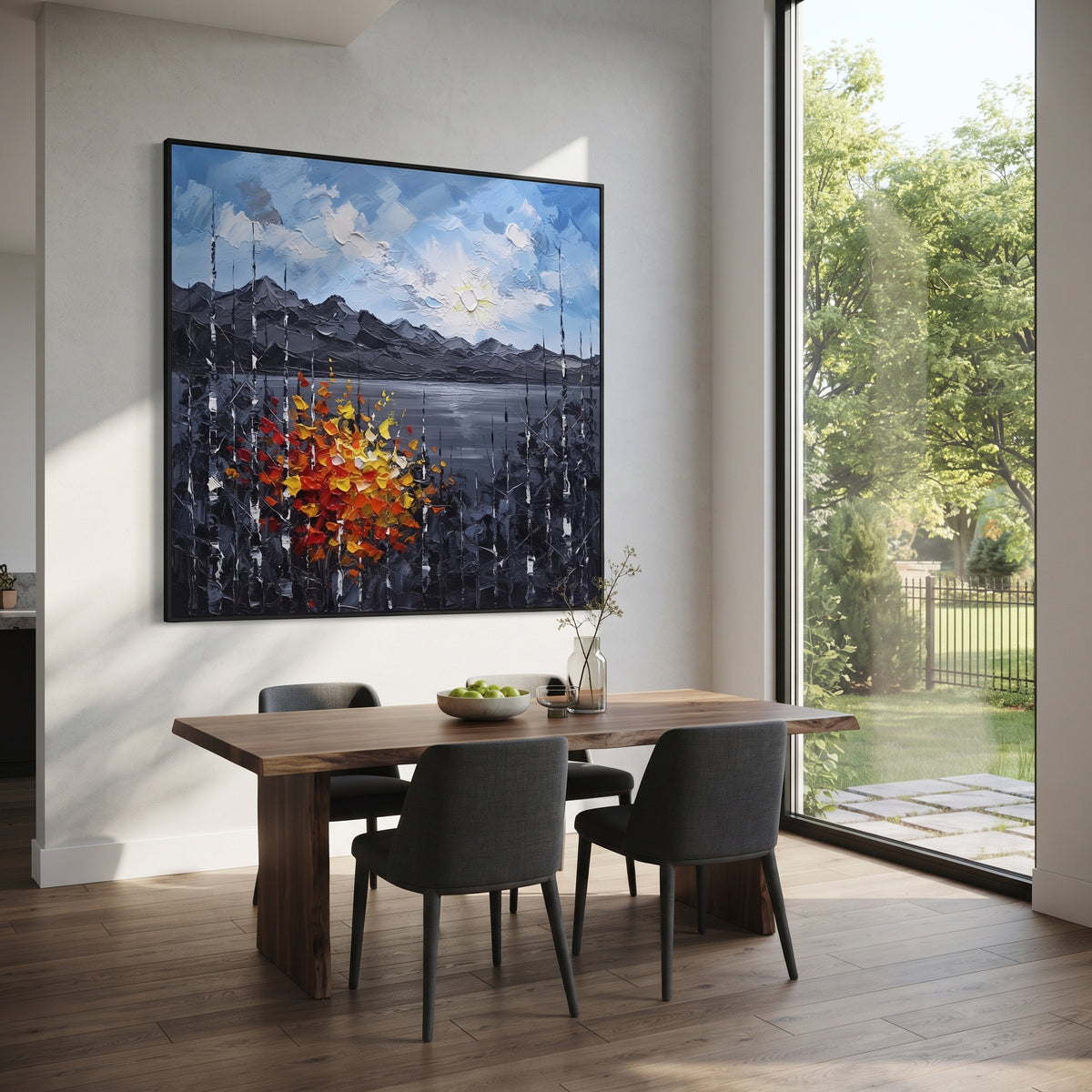 "Mountain Lake Autumn Birch Painting" focuses on atmosphere, surface movement, and sculptural heavy impasto craftsmanship rather than a fixed literal storyline. The composition uses this hand-painted square canvas shows a quiet mountain lake beneath a blue sky, dark grey ridges, slender birch trunks, and vivid red and yellow autumn leaves in raised palette-knife strokes as the visual anchor, while layered palette-knife paint, raised plaster-like texture, and softened brush movement create