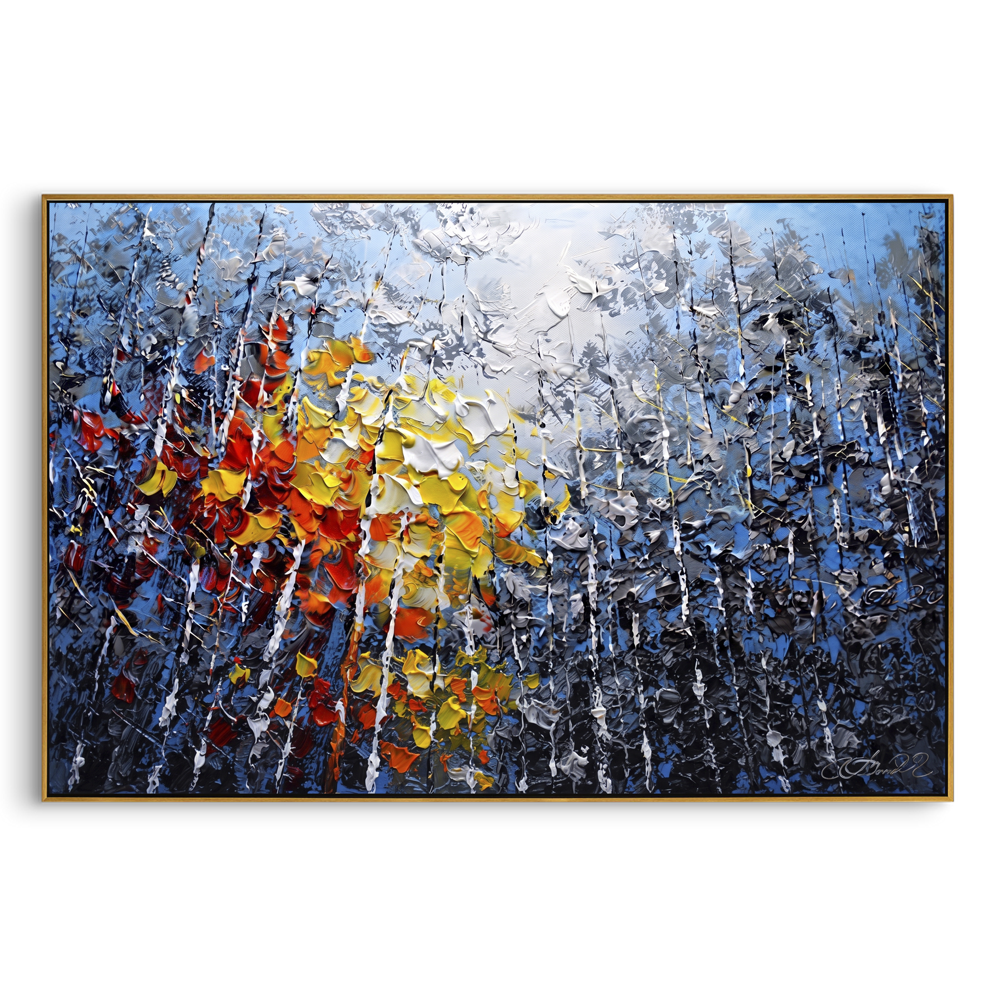 "Sunlit Lake Birch Painting" focuses on atmosphere, surface movement, and sculptural heavy impasto craftsmanship rather than a fixed literal storyline. The composition uses this hand-painted horizontal canvas presents a silver mountain lake with pale blue sky, a bright textured sun, black and white birch trunks, and red orange autumn leaves rising from the foreground as the visual anchor, while layered palette-knife paint, raised plaster-like texture, and softened brush movement create tactile