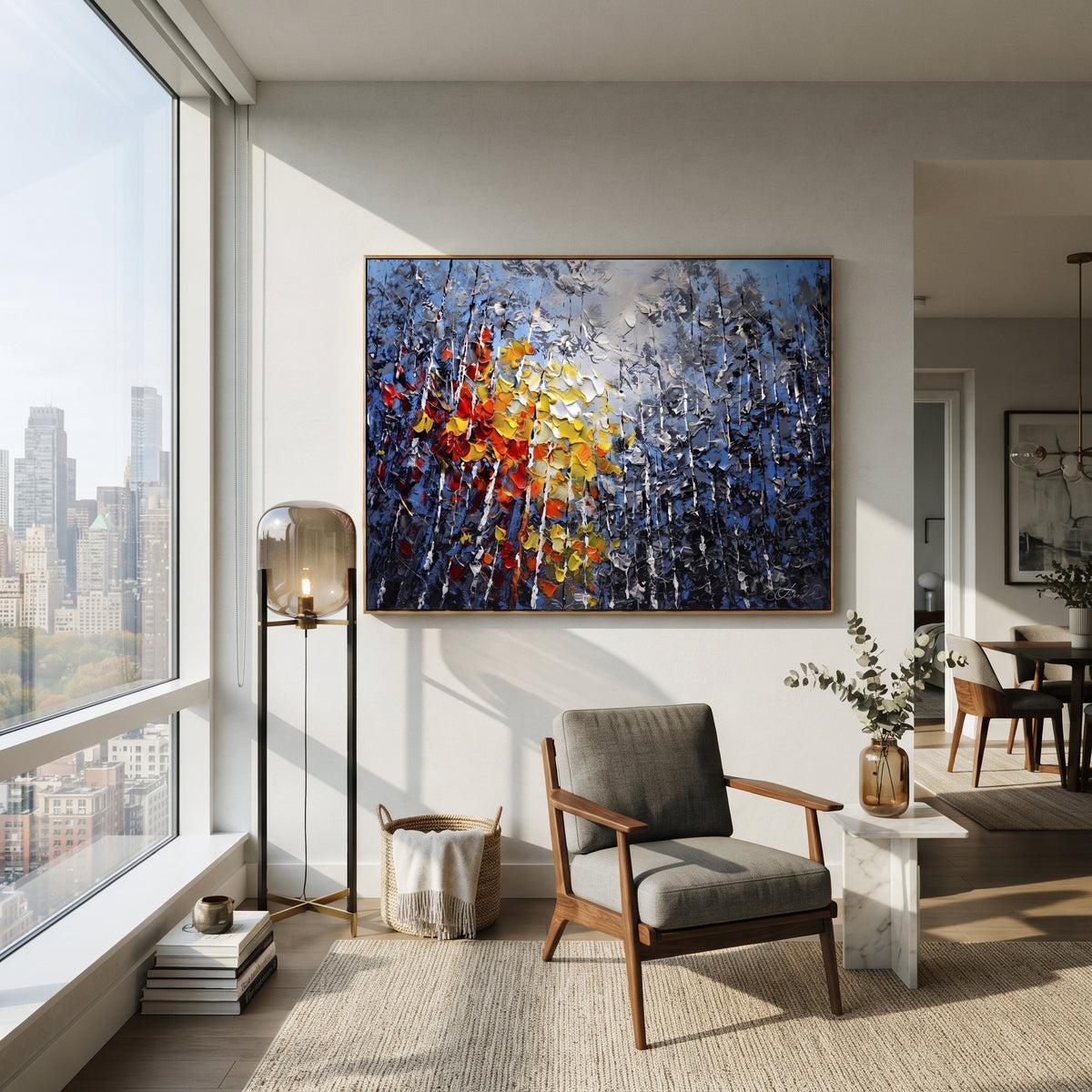 "Sunlit Lake Birch Painting" focuses on atmosphere, surface movement, and sculptural heavy impasto craftsmanship rather than a fixed literal storyline. The composition uses this hand-painted horizontal canvas presents a silver mountain lake with pale blue sky, a bright textured sun, black and white birch trunks, and red orange autumn leaves rising from the foreground as the visual anchor, while layered palette-knife paint, raised plaster-like texture, and softened brush movement create tactile