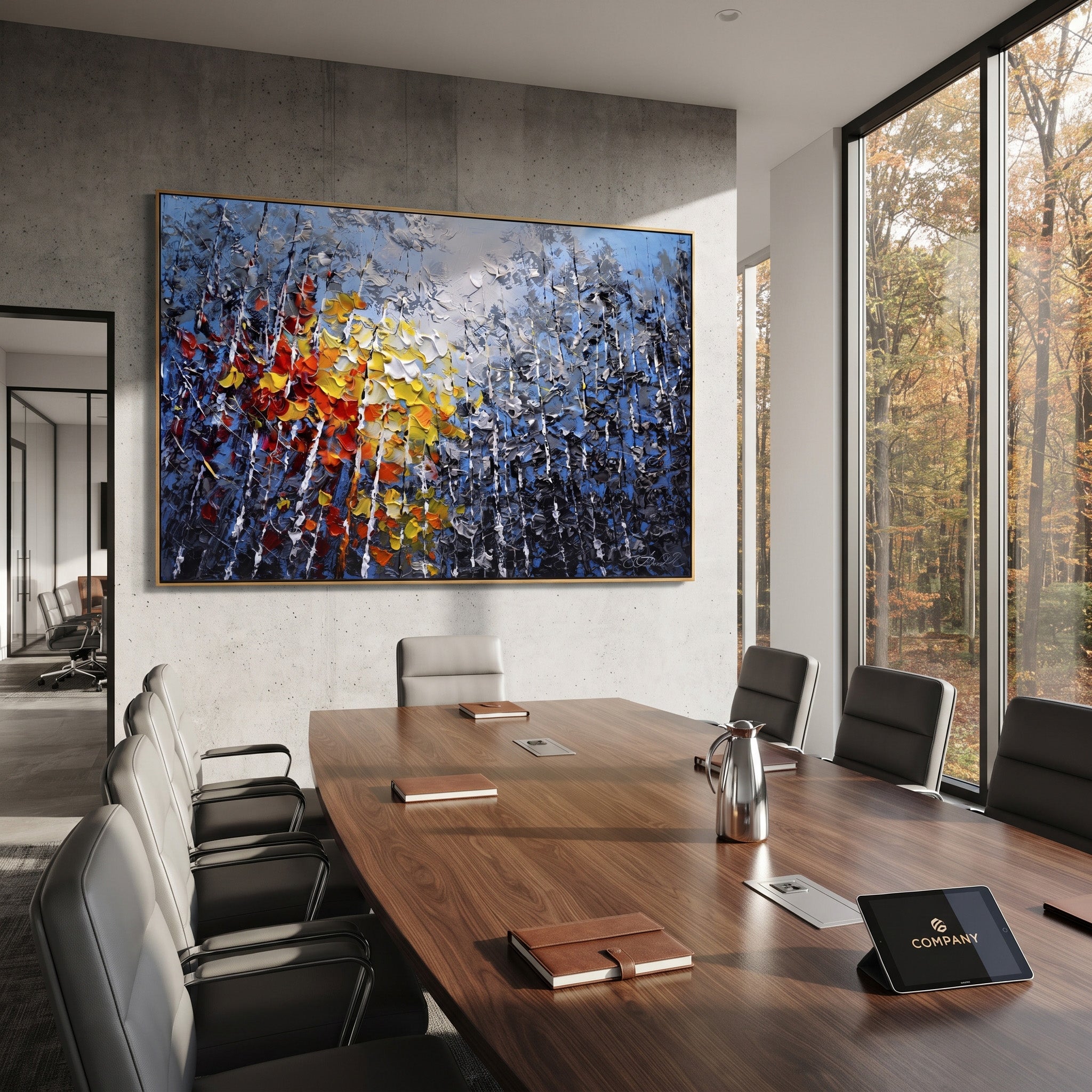 "Sunlit Lake Birch Painting" focuses on atmosphere, surface movement, and sculptural heavy impasto craftsmanship rather than a fixed literal storyline. The composition uses this hand-painted horizontal canvas presents a silver mountain lake with pale blue sky, a bright textured sun, black and white birch trunks, and red orange autumn leaves rising from the foreground as the visual anchor, while layered palette-knife paint, raised plaster-like texture, and softened brush movement create tactile