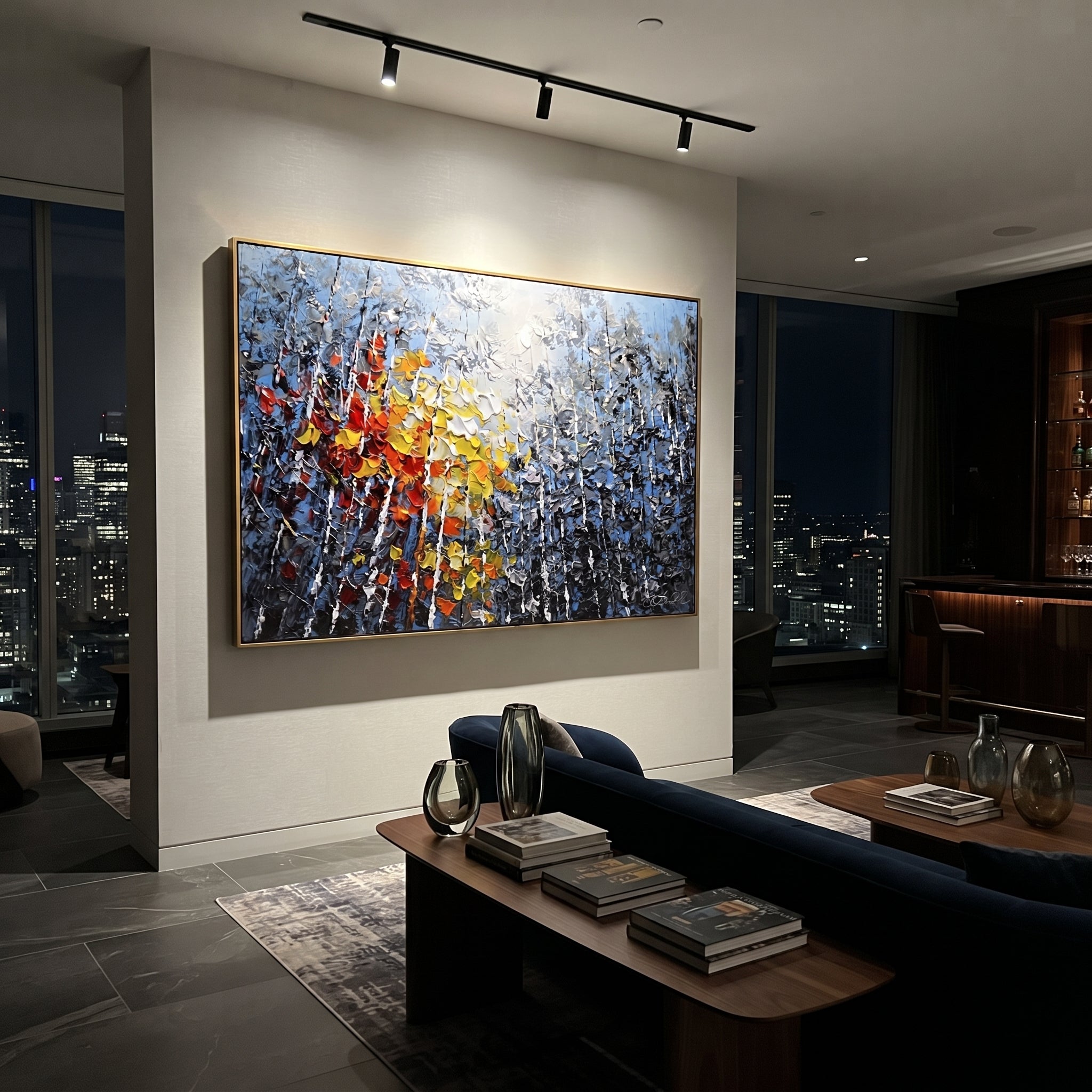 "Sunlit Lake Birch Painting" focuses on atmosphere, surface movement, and sculptural heavy impasto craftsmanship rather than a fixed literal storyline. The composition uses this hand-painted horizontal canvas presents a silver mountain lake with pale blue sky, a bright textured sun, black and white birch trunks, and red orange autumn leaves rising from the foreground as the visual anchor, while layered palette-knife paint, raised plaster-like texture, and softened brush movement create tactile