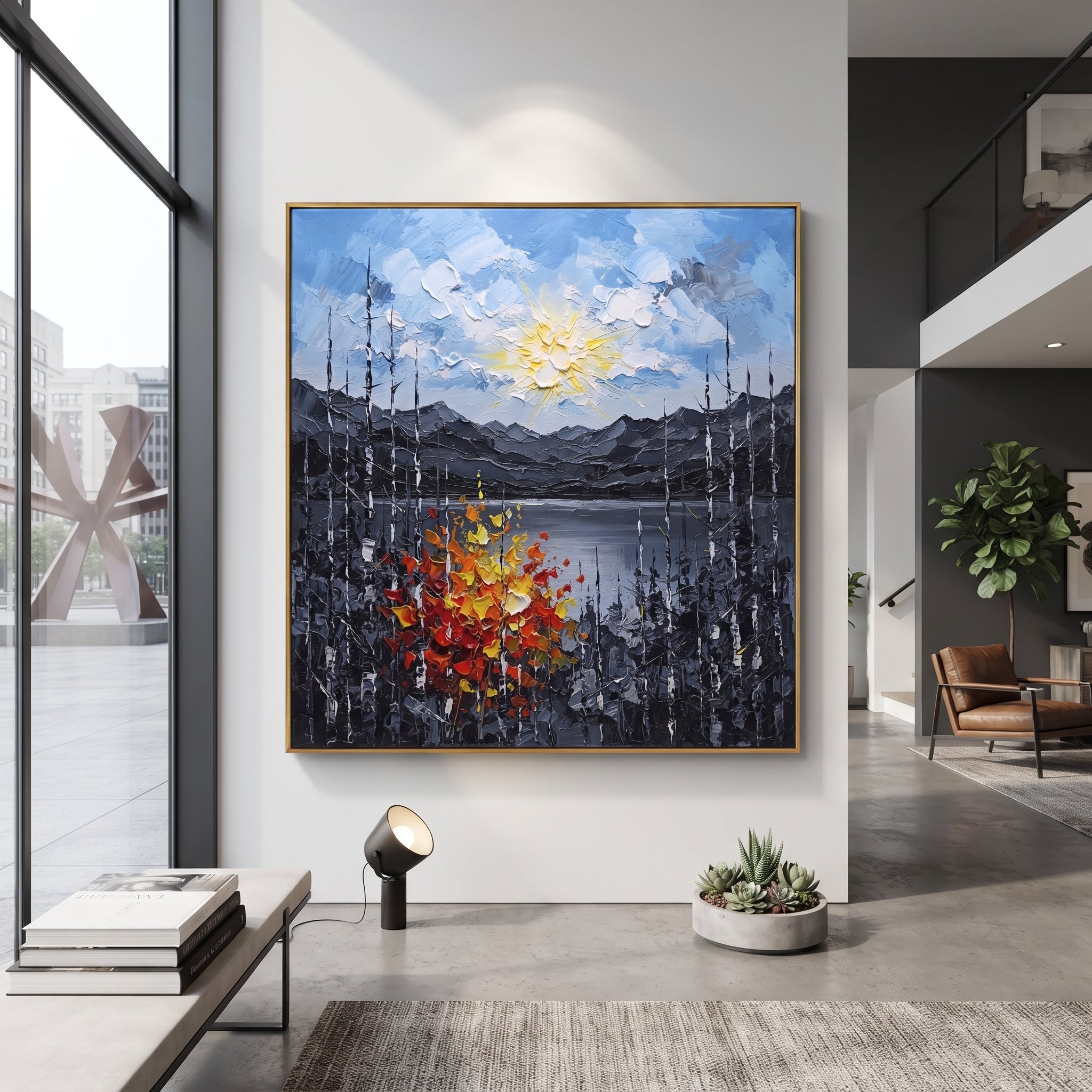 "Autumn Ridge Birch Painting" focuses on atmosphere, surface movement, and sculptural heavy impasto craftsmanship rather than a fixed literal storyline. The composition uses this hand-painted square canvas features a glowing sun above layered grey mountains and a lake, framed by black and white birches with red, orange, and yellow textured autumn leaves as the visual anchor, while layered palette-knife paint, raised plaster-like texture, and softened brush movement create tactile depth across