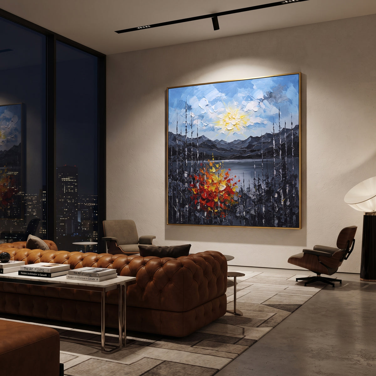 "Autumn Ridge Birch Painting" focuses on atmosphere, surface movement, and sculptural heavy impasto craftsmanship rather than a fixed literal storyline. The composition uses this hand-painted square canvas features a glowing sun above layered grey mountains and a lake, framed by black and white birches with red, orange, and yellow textured autumn leaves as the visual anchor, while layered palette-knife paint, raised plaster-like texture, and softened brush movement create tactile depth across