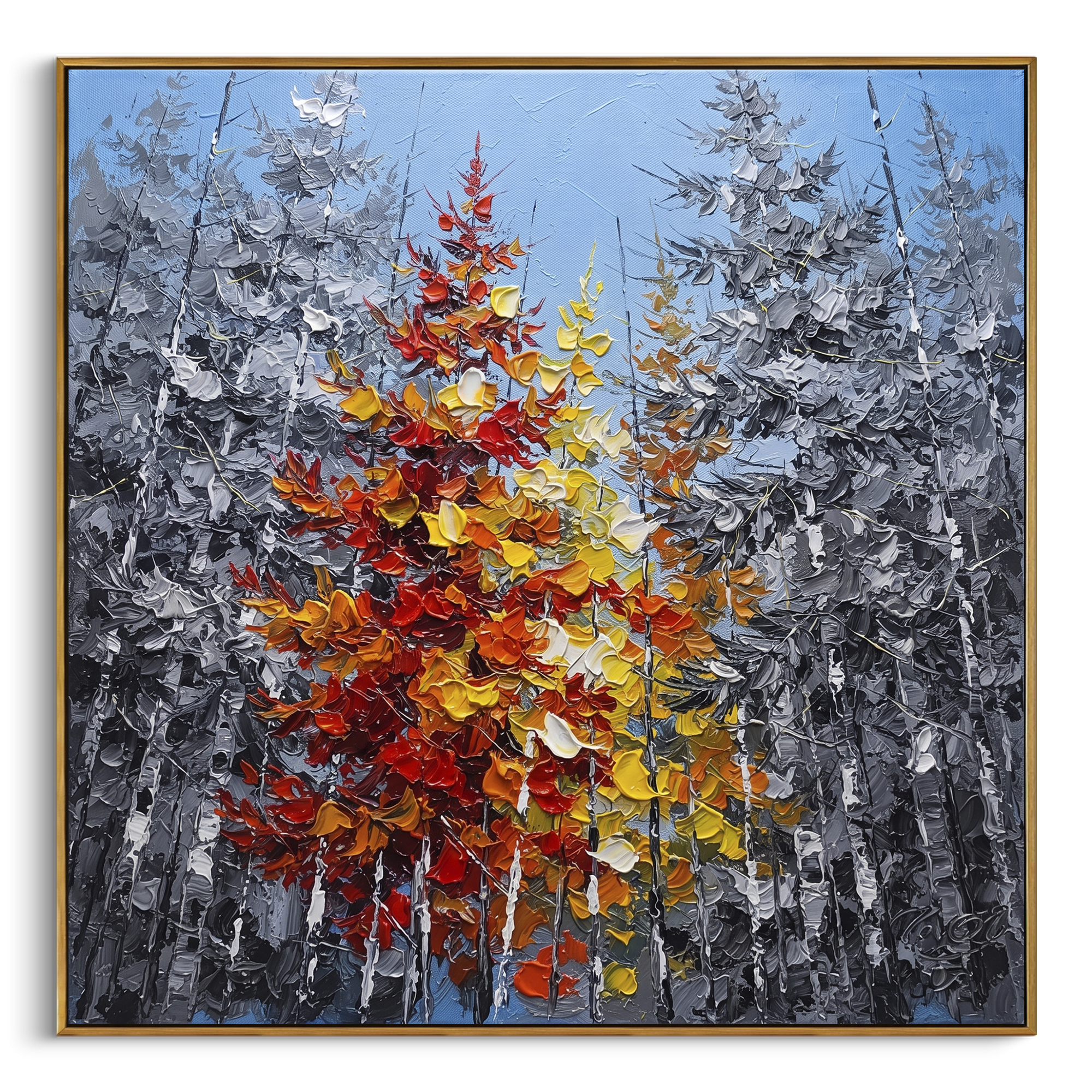 "Red Maple Birch Grove Painting" focuses on atmosphere, surface movement, and sculptural heavy impasto craftsmanship rather than a fixed literal storyline. The composition uses this hand-painted square canvas presents a blue grey birch grove with tall dark trunks and a central cluster of red, orange, yellow, and cream autumn foliage shaped in thick palette-knife texture as the visual anchor, while layered palette-knife paint, raised plaster-like texture, and softened brush movement create