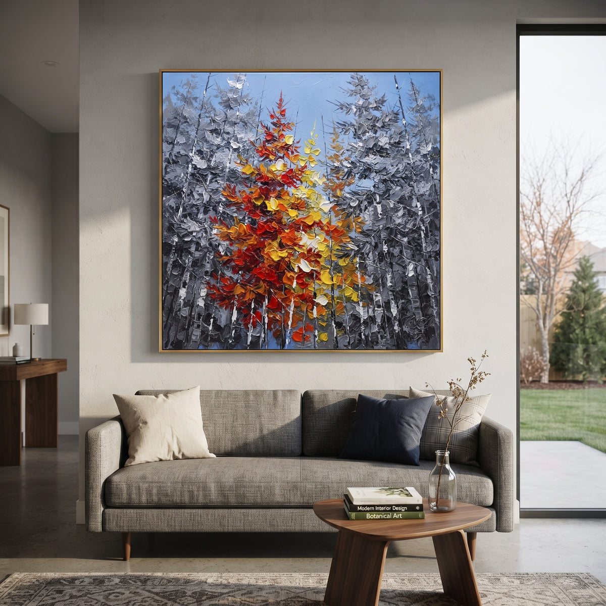 "Red Maple Birch Grove Painting" focuses on atmosphere, surface movement, and sculptural heavy impasto craftsmanship rather than a fixed literal storyline. The composition uses this hand-painted square canvas presents a blue grey birch grove with tall dark trunks and a central cluster of red, orange, yellow, and cream autumn foliage shaped in thick palette-knife texture as the visual anchor, while layered palette-knife paint, raised plaster-like texture, and softened brush movement create