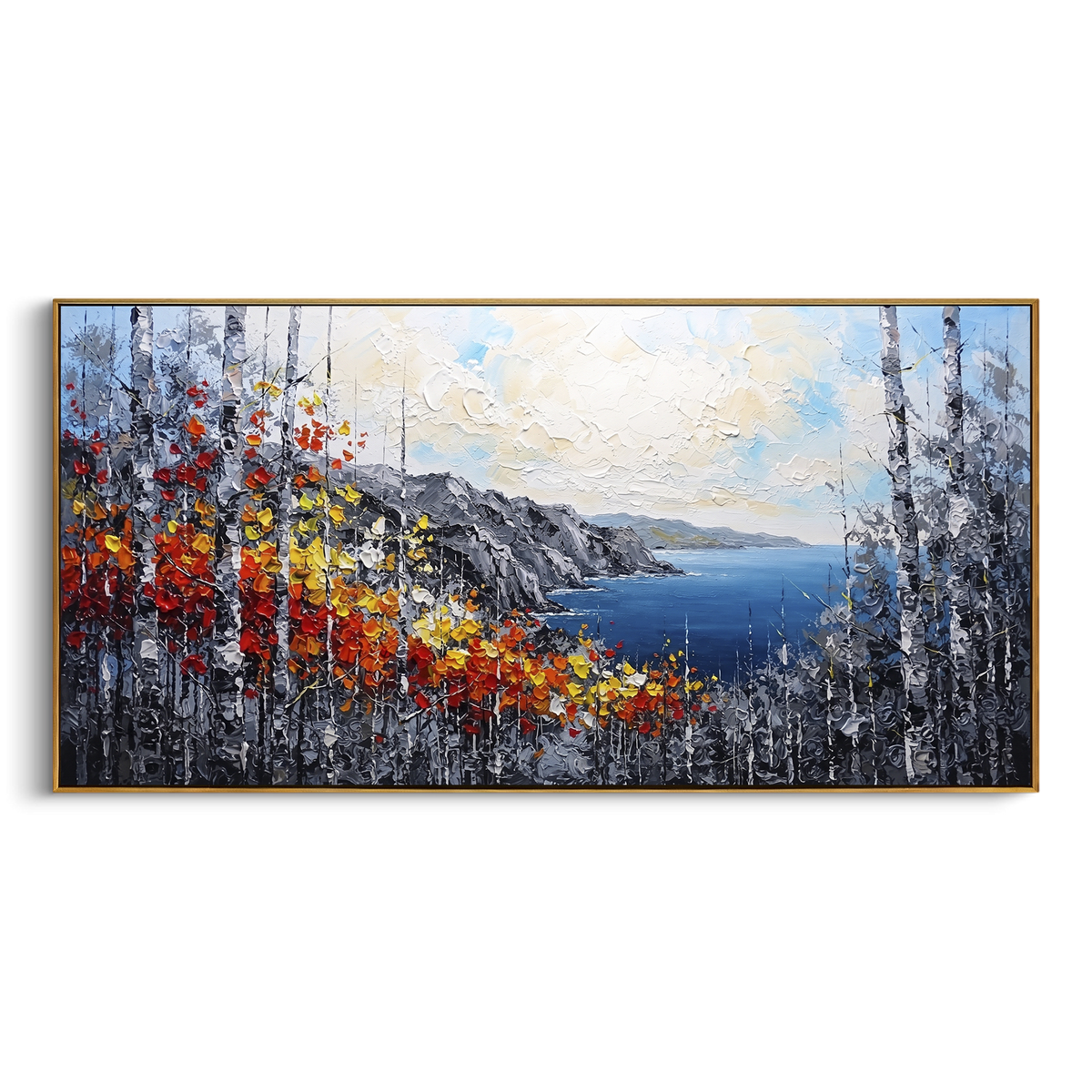"Coastal Birch Vista Painting" focuses on atmosphere, surface movement, and sculptural heavy impasto craftsmanship rather than a fixed literal storyline. The composition uses this hand-painted panoramic canvas opens to a deep blue coastal bay beyond grey cliffs, with birch trunks and fiery red, orange, yellow, and white leaves sweeping across the foreground as the visual anchor, while layered palette-knife paint, raised plaster-like texture, and softened brush movement create tactile depth