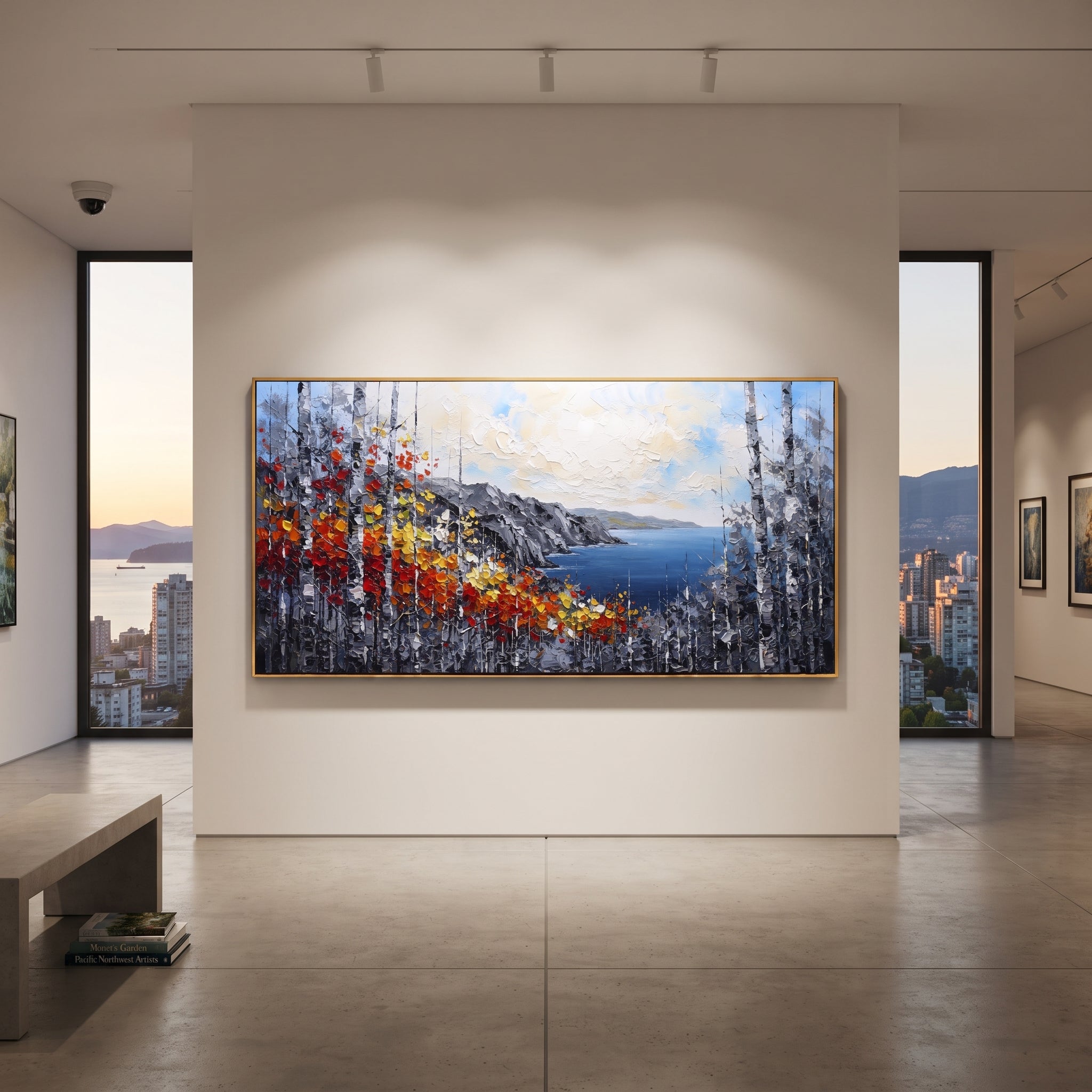 "Coastal Birch Vista Painting" focuses on atmosphere, surface movement, and sculptural heavy impasto craftsmanship rather than a fixed literal storyline. The composition uses this hand-painted panoramic canvas opens to a deep blue coastal bay beyond grey cliffs, with birch trunks and fiery red, orange, yellow, and white leaves sweeping across the foreground as the visual anchor, while layered palette-knife paint, raised plaster-like texture, and softened brush movement create tactile depth