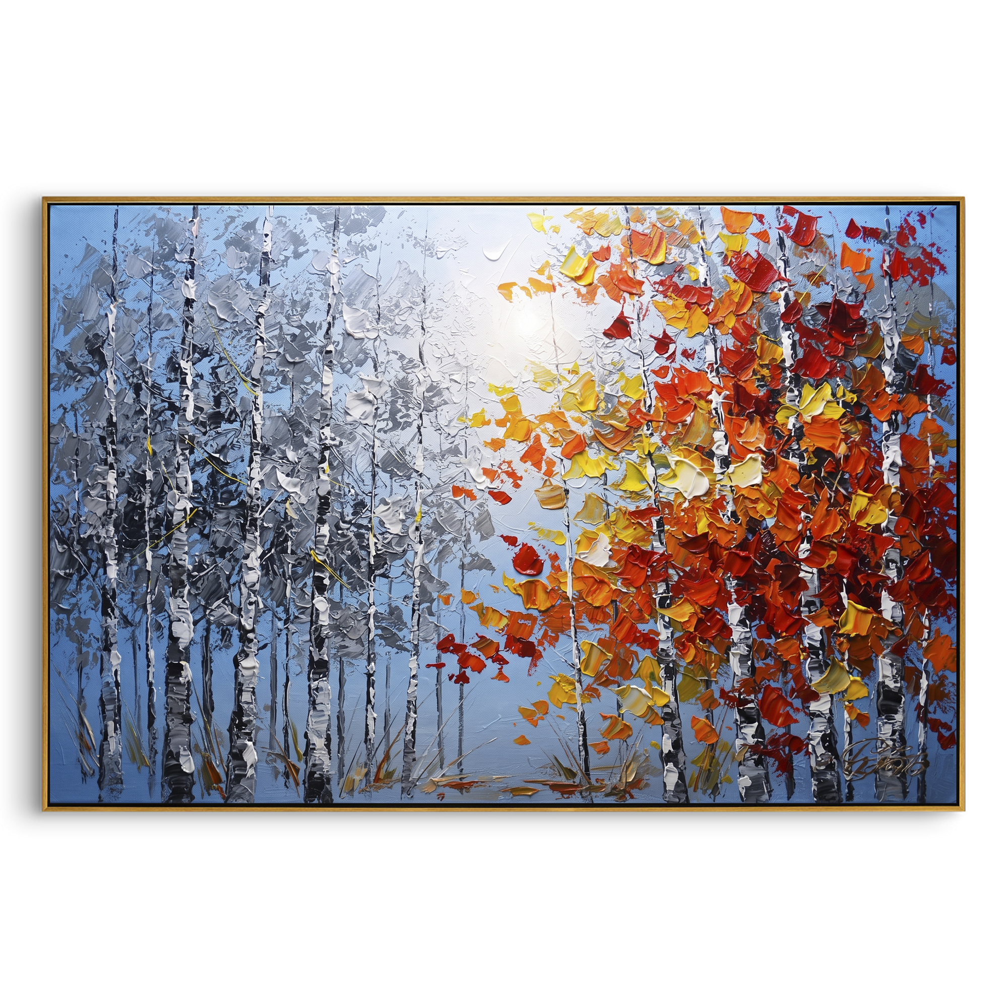 "Silver Birch Red Canopy Painting" focuses on atmosphere, surface movement, and sculptural heavy impasto craftsmanship rather than a fixed literal storyline. The composition uses this hand-painted horizontal canvas contrasts cool silver blue birch trunks on the left with a bright red, orange, and yellow canopy on the right, all built with raised impasto strokes as the visual anchor, while layered palette-knife paint, raised plaster-like texture, and softened brush movement create tactile depth