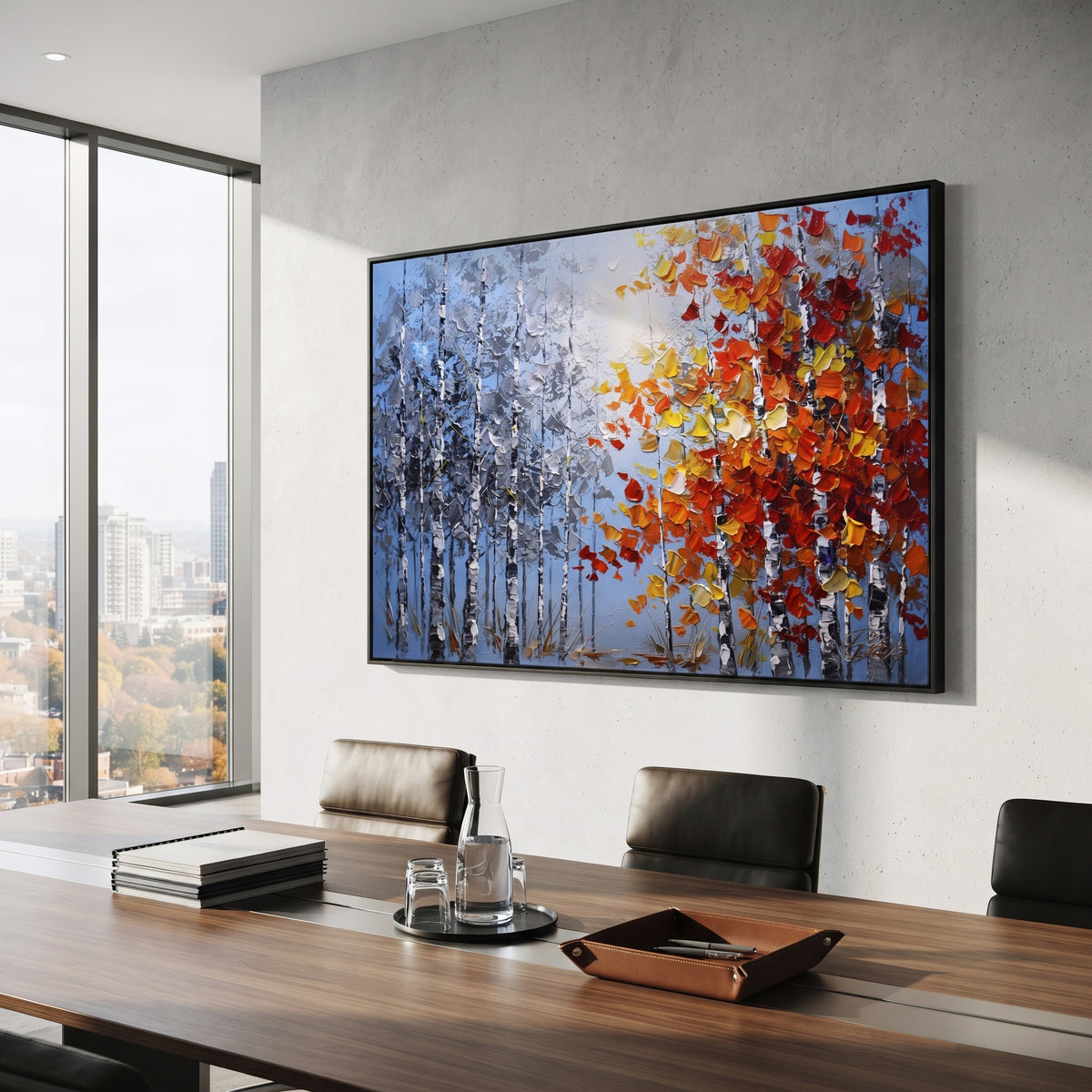 "Silver Birch Red Canopy Painting" focuses on atmosphere, surface movement, and sculptural heavy impasto craftsmanship rather than a fixed literal storyline. The composition uses this hand-painted horizontal canvas contrasts cool silver blue birch trunks on the left with a bright red, orange, and yellow canopy on the right, all built with raised impasto strokes as the visual anchor, while layered palette-knife paint, raised plaster-like texture, and softened brush movement create tactile depth