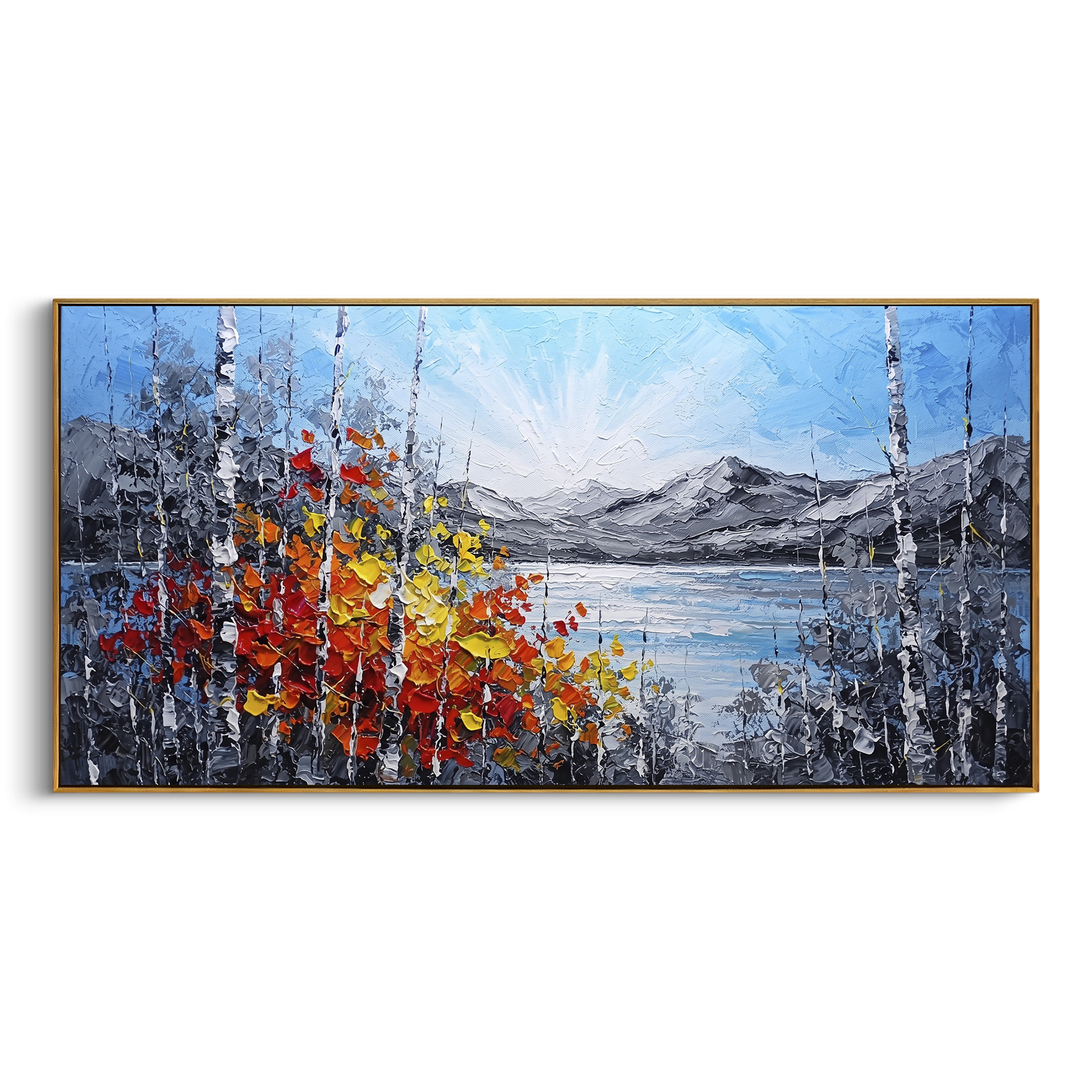 "Bright Lake Birch Shore Painting" focuses on atmosphere, surface movement, and sculptural heavy impasto craftsmanship rather than a fixed literal storyline. The composition uses this hand-painted panoramic canvas presents a luminous mountain lake with pale blue sky, grey ridges, white birch trunks, and a red orange yellow leaf cluster along the shore as the visual anchor, while layered palette-knife paint, raised plaster-like texture, and softened brush movement create tactile depth across the