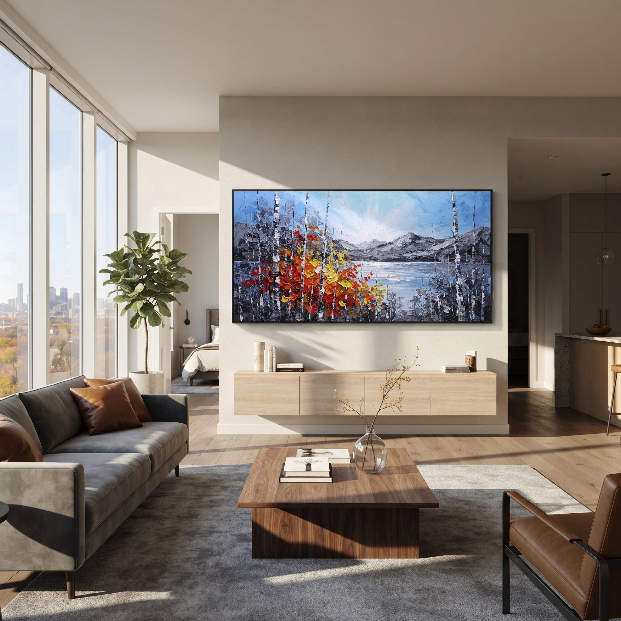 "Bright Lake Birch Shore Painting" focuses on atmosphere, surface movement, and sculptural heavy impasto craftsmanship rather than a fixed literal storyline. The composition uses this hand-painted panoramic canvas presents a luminous mountain lake with pale blue sky, grey ridges, white birch trunks, and a red orange yellow leaf cluster along the shore as the visual anchor, while layered palette-knife paint, raised plaster-like texture, and softened brush movement create tactile depth across the