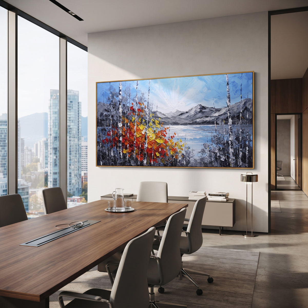 "Bright Lake Birch Shore Painting" focuses on atmosphere, surface movement, and sculptural heavy impasto craftsmanship rather than a fixed literal storyline. The composition uses this hand-painted panoramic canvas presents a luminous mountain lake with pale blue sky, grey ridges, white birch trunks, and a red orange yellow leaf cluster along the shore as the visual anchor, while layered palette-knife paint, raised plaster-like texture, and softened brush movement create tactile depth across the