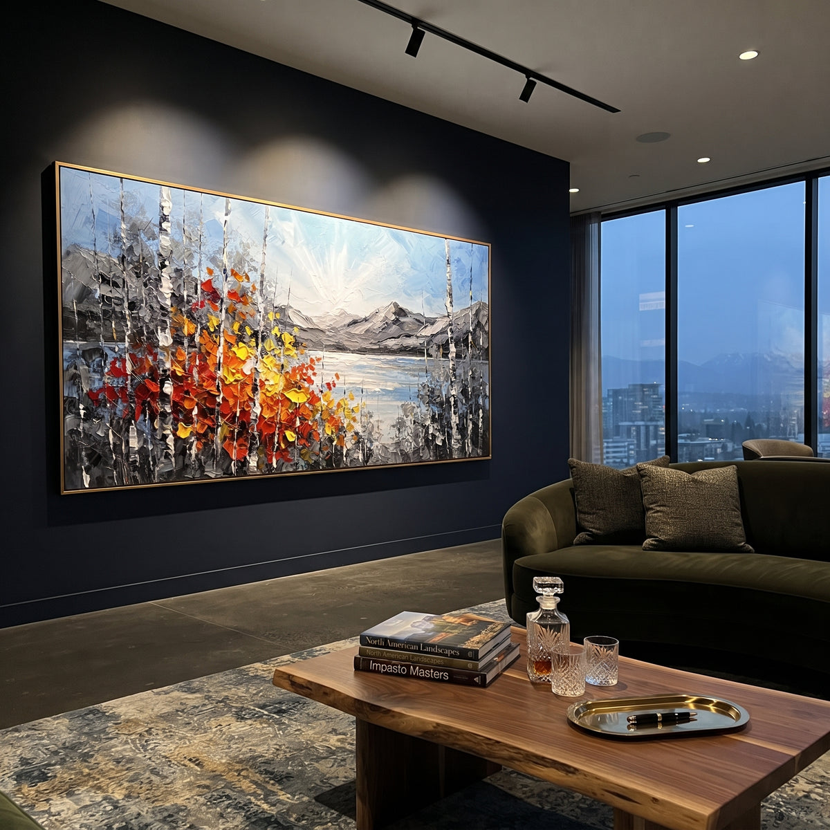 "Bright Lake Birch Shore Painting" focuses on atmosphere, surface movement, and sculptural heavy impasto craftsmanship rather than a fixed literal storyline. The composition uses this hand-painted panoramic canvas presents a luminous mountain lake with pale blue sky, grey ridges, white birch trunks, and a red orange yellow leaf cluster along the shore as the visual anchor, while layered palette-knife paint, raised plaster-like texture, and softened brush movement create tactile depth across the
