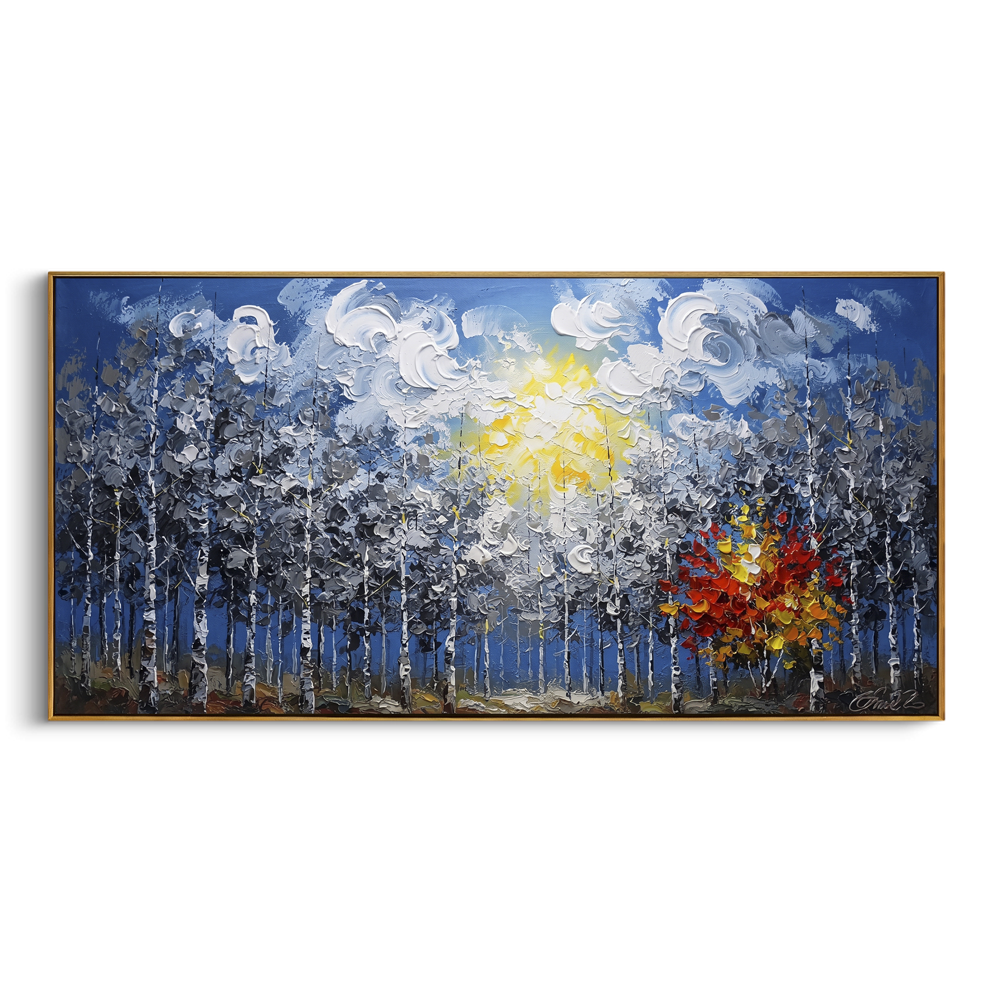 "Blue Forest Sunburst Painting" focuses on atmosphere, surface movement, and sculptural heavy impasto craftsmanship rather than a fixed literal storyline. The composition uses this hand-painted panoramic canvas features a blue birch forest under swirling white clouds and a yellow sun, with one red orange autumn tree glowing against cool grey textured woods as the visual anchor, while layered palette-knife paint, raised plaster-like texture, and softened brush movement create tactile depth across