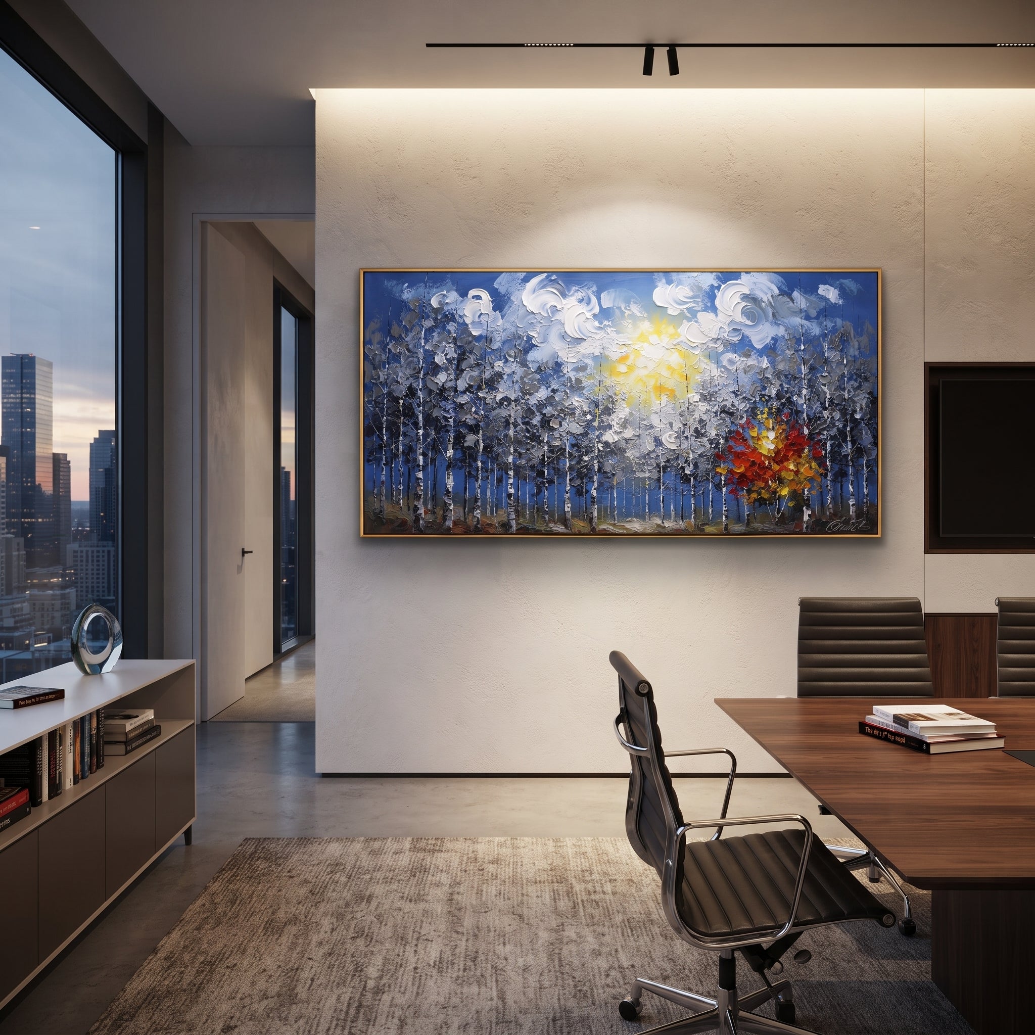 "Blue Forest Sunburst Painting" focuses on atmosphere, surface movement, and sculptural heavy impasto craftsmanship rather than a fixed literal storyline. The composition uses this hand-painted panoramic canvas features a blue birch forest under swirling white clouds and a yellow sun, with one red orange autumn tree glowing against cool grey textured woods as the visual anchor, while layered palette-knife paint, raised plaster-like texture, and softened brush movement create tactile depth across