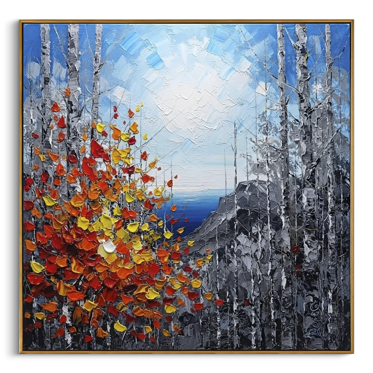 "Cliffside Birch Autumn Painting" focuses on atmosphere, surface movement, and sculptural heavy impasto craftsmanship rather than a fixed literal storyline. The composition uses this hand-painted square canvas looks through birch trunks to a blue water horizon and grey cliffs, with red, orange, and yellow leaves rising in thick strokes from the lower left as the visual anchor, while layered palette-knife paint, raised plaster-like texture, and softened brush movement create tactile depth across