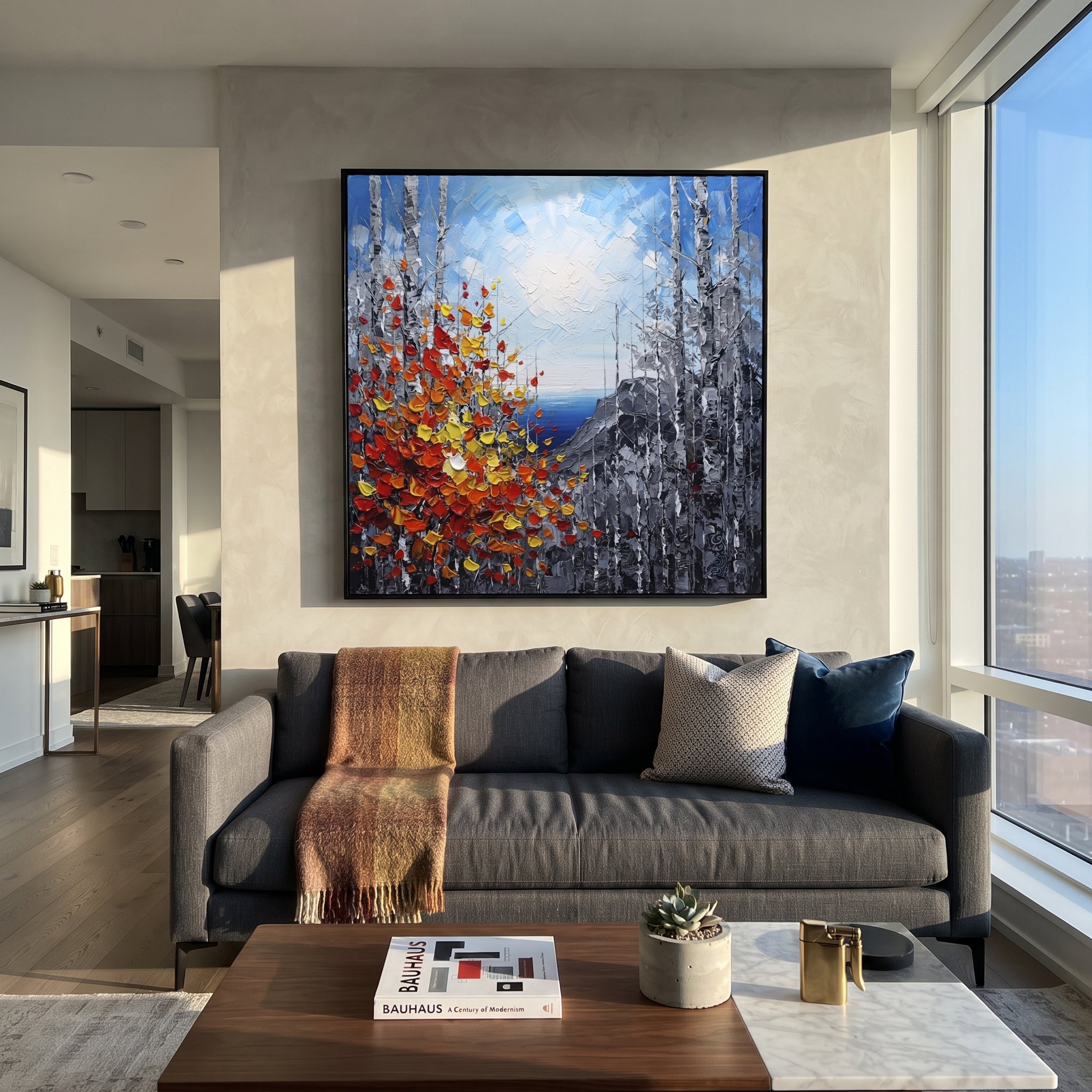 "Cliffside Birch Autumn Painting" focuses on atmosphere, surface movement, and sculptural heavy impasto craftsmanship rather than a fixed literal storyline. The composition uses this hand-painted square canvas looks through birch trunks to a blue water horizon and grey cliffs, with red, orange, and yellow leaves rising in thick strokes from the lower left as the visual anchor, while layered palette-knife paint, raised plaster-like texture, and softened brush movement create tactile depth across