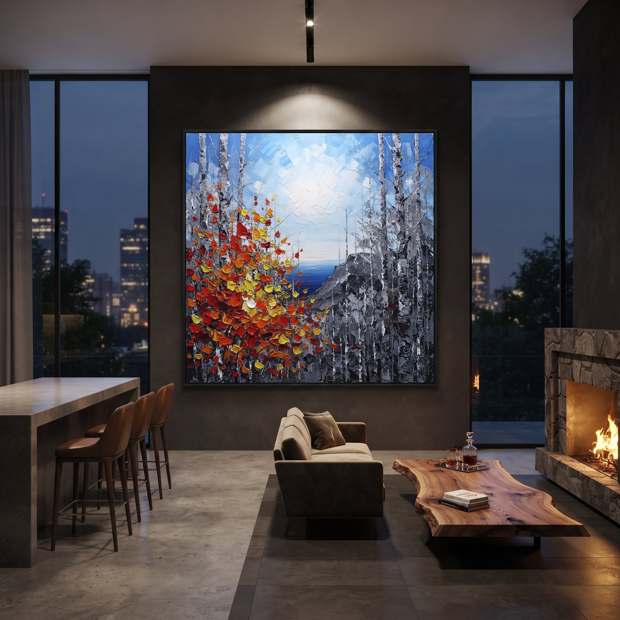 "Cliffside Birch Autumn Painting" focuses on atmosphere, surface movement, and sculptural heavy impasto craftsmanship rather than a fixed literal storyline. The composition uses this hand-painted square canvas looks through birch trunks to a blue water horizon and grey cliffs, with red, orange, and yellow leaves rising in thick strokes from the lower left as the visual anchor, while layered palette-knife paint, raised plaster-like texture, and softened brush movement create tactile depth across