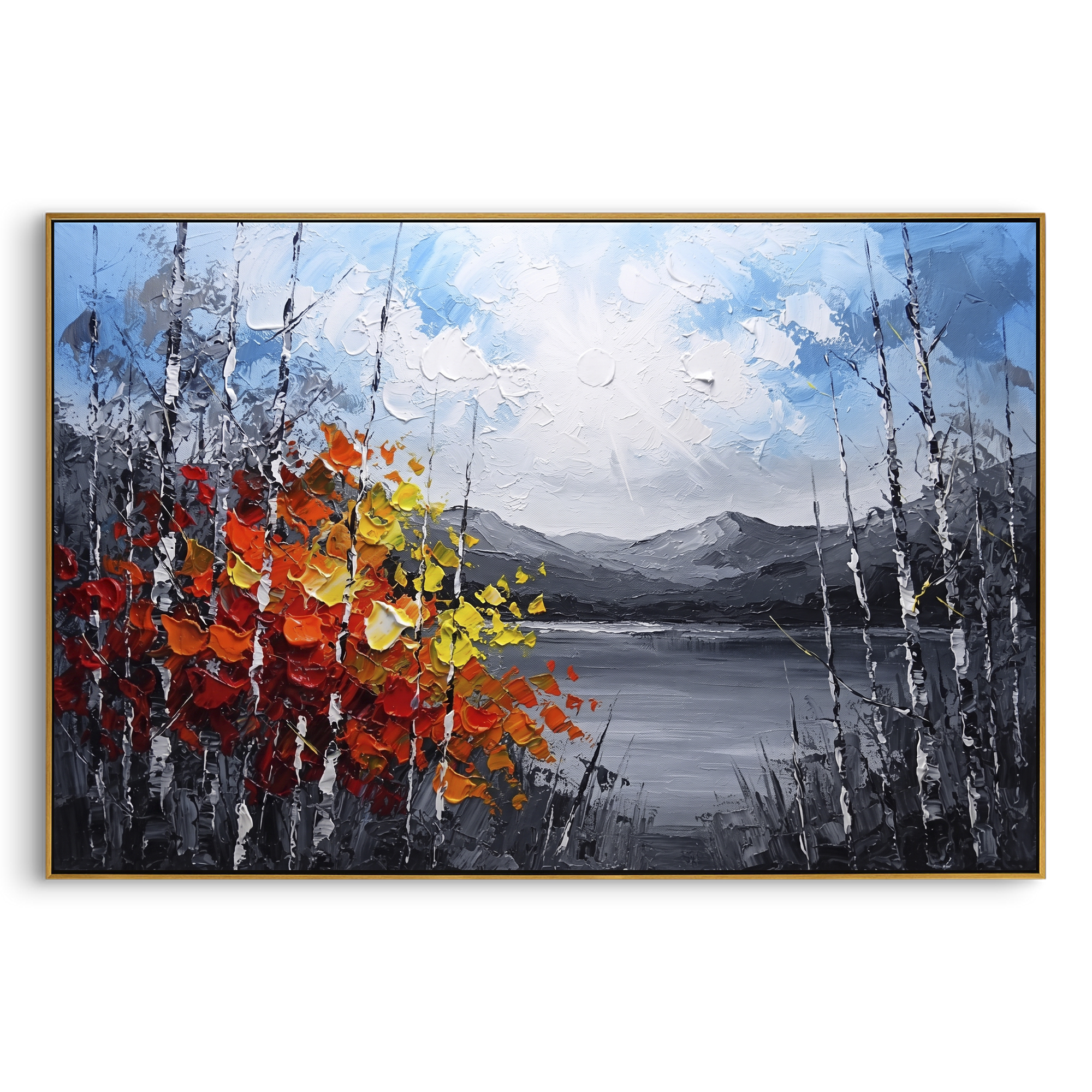"Quiet Lake Birch Grove Painting" focuses on atmosphere, surface movement, and sculptural heavy impasto craftsmanship rather than a fixed literal storyline. The composition uses this hand-painted horizontal canvas shows a calm grey lake and distant mountains under a white sun, framed by dark birch trunks and a red yellow autumn shrub in the foreground as the visual anchor, while layered palette-knife paint, raised plaster-like texture, and softened brush movement create tactile depth across the