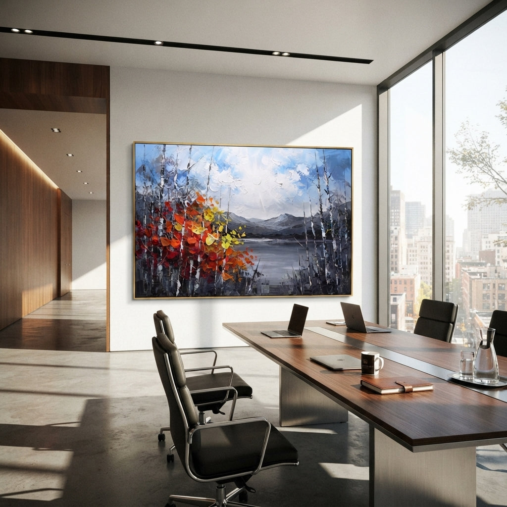 "Quiet Lake Birch Grove Painting" focuses on atmosphere, surface movement, and sculptural heavy impasto craftsmanship rather than a fixed literal storyline. The composition uses this hand-painted horizontal canvas shows a calm grey lake and distant mountains under a white sun, framed by dark birch trunks and a red yellow autumn shrub in the foreground as the visual anchor, while layered palette-knife paint, raised plaster-like texture, and softened brush movement create tactile depth across the