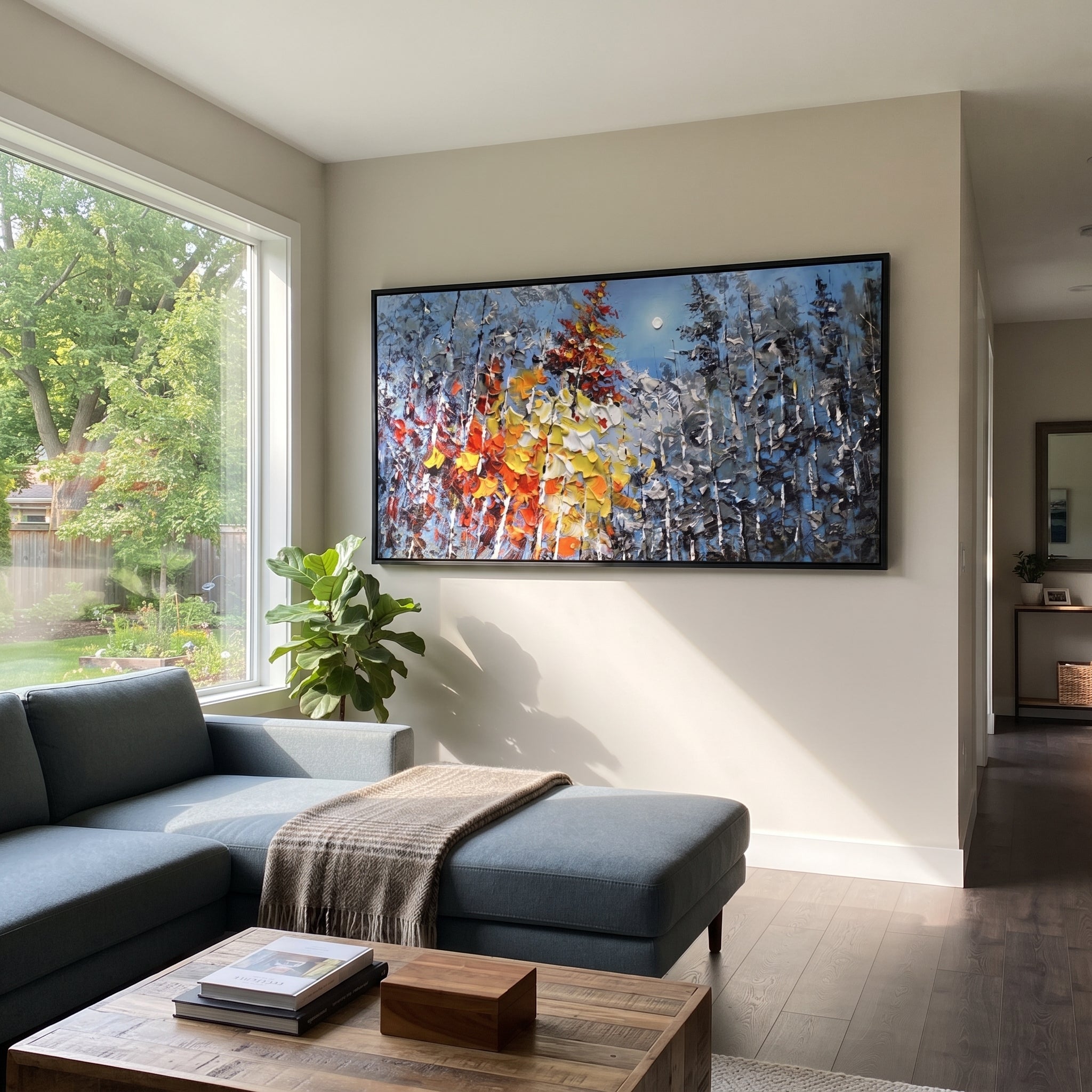 "Blue Silver Autumn Forest Painting" focuses on atmosphere, surface movement, and sculptural heavy impasto craftsmanship rather than a fixed literal storyline. The composition uses this hand-painted panoramic canvas layers blue silver birch woods with black branches and a bold yellow, white, red, and orange leaf mass sweeping through the center as the visual anchor, while layered palette-knife paint, raised plaster-like texture, and softened brush movement create tactile depth across the canvas.