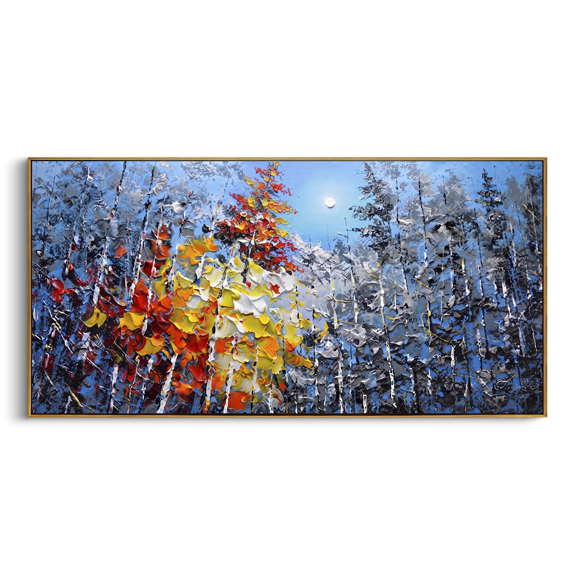 "Blue Silver Autumn Forest Painting" focuses on atmosphere, surface movement, and sculptural heavy impasto craftsmanship rather than a fixed literal storyline. The composition uses this hand-painted panoramic canvas layers blue silver birch woods with black branches and a bold yellow, white, red, and orange leaf mass sweeping through the center as the visual anchor, while layered palette-knife paint, raised plaster-like texture, and softened brush movement create tactile depth across the canvas.