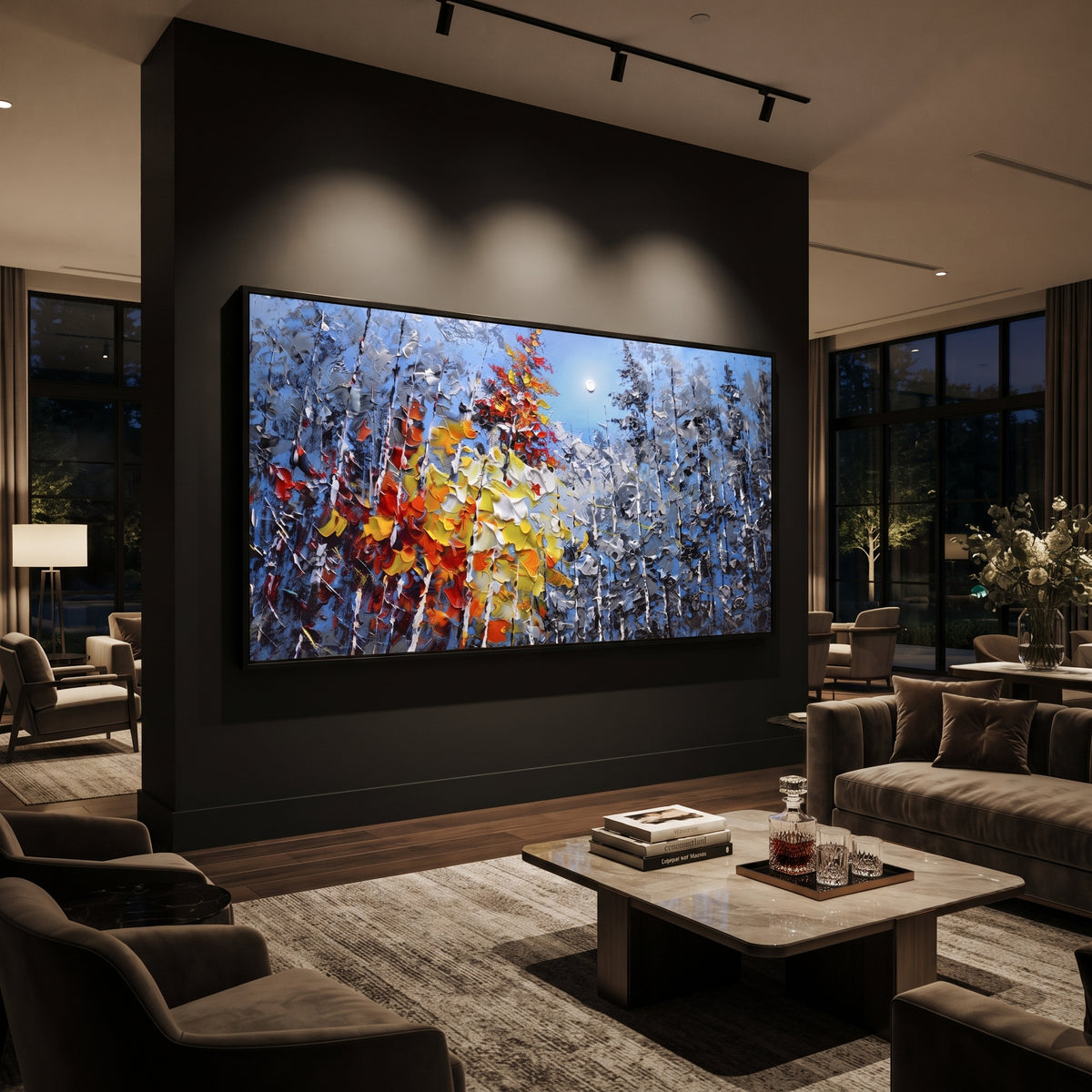 "Blue Silver Autumn Forest Painting" focuses on atmosphere, surface movement, and sculptural heavy impasto craftsmanship rather than a fixed literal storyline. The composition uses this hand-painted panoramic canvas layers blue silver birch woods with black branches and a bold yellow, white, red, and orange leaf mass sweeping through the center as the visual anchor, while layered palette-knife paint, raised plaster-like texture, and softened brush movement create tactile depth across the canvas.