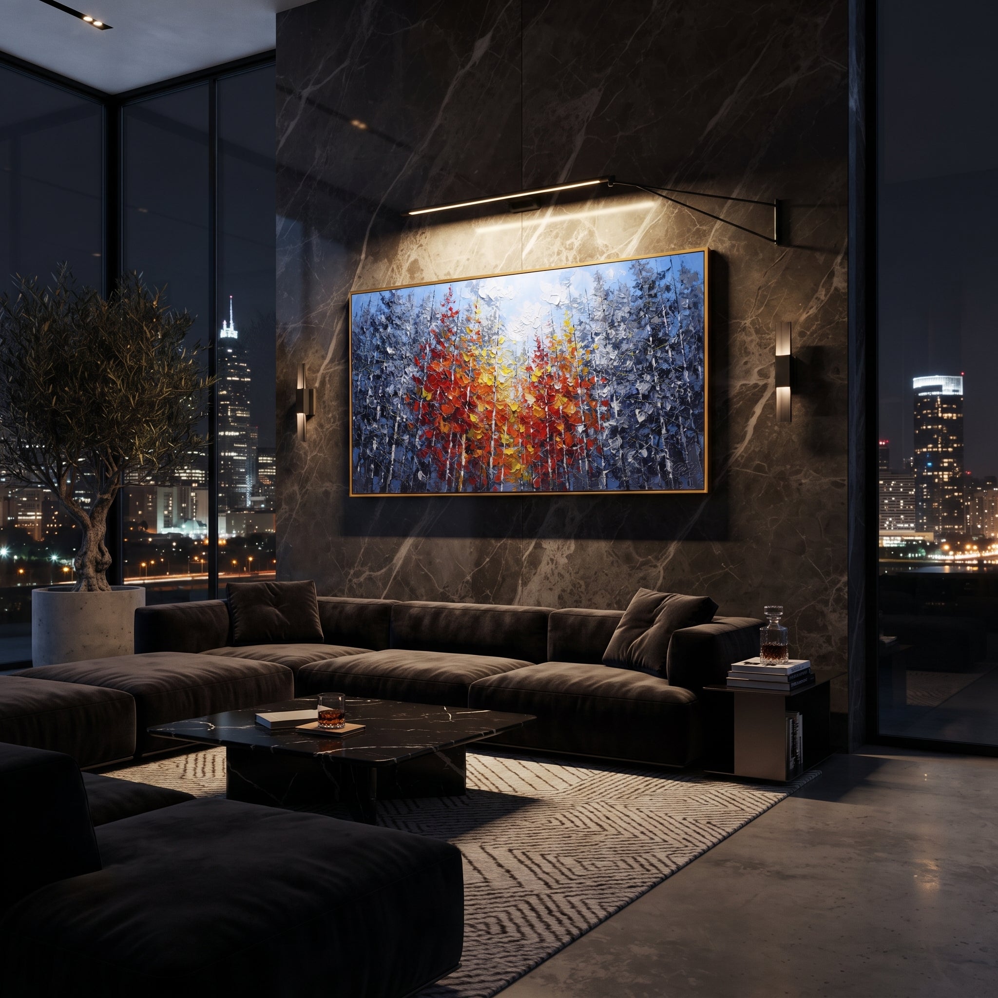 "Crimson Birch Canopy Painting" focuses on atmosphere, surface movement, and sculptural heavy impasto craftsmanship rather than a fixed literal storyline. The composition uses this hand-painted panoramic canvas presents dense cool grey birch woods with a wide crimson, orange, and yellow canopy spreading across the middle in thick sculptural strokes as the visual anchor, while layered palette-knife paint, raised plaster-like texture, and softened brush movement create tactile depth across the