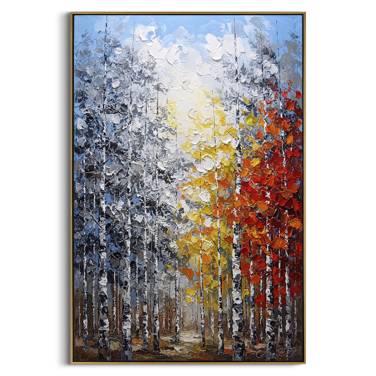 "Golden Path Birch Forest Painting" focuses on atmosphere, surface movement, and sculptural heavy impasto craftsmanship rather than a fixed literal storyline. The composition uses this hand-painted vertical canvas shows a tall birch forest with a bright golden path of yellow and white leaves beside a red orange canopy, set against cool blue grey woods as the visual anchor, while layered palette-knife paint, raised plaster-like texture, and softened brush movement create tactile depth across the