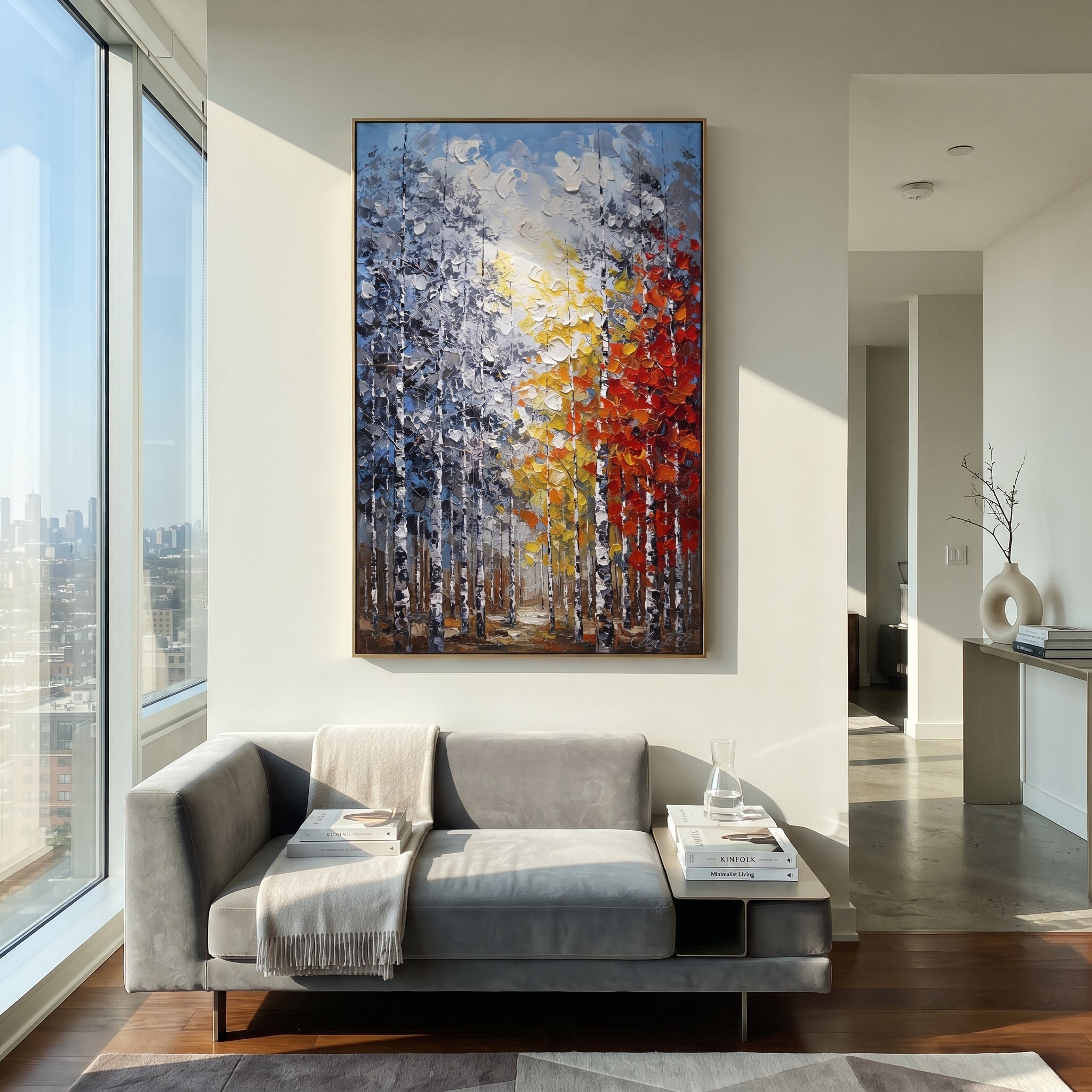 "Golden Path Birch Forest Painting" focuses on atmosphere, surface movement, and sculptural heavy impasto craftsmanship rather than a fixed literal storyline. The composition uses this hand-painted vertical canvas shows a tall birch forest with a bright golden path of yellow and white leaves beside a red orange canopy, set against cool blue grey woods as the visual anchor, while layered palette-knife paint, raised plaster-like texture, and softened brush movement create tactile depth across the