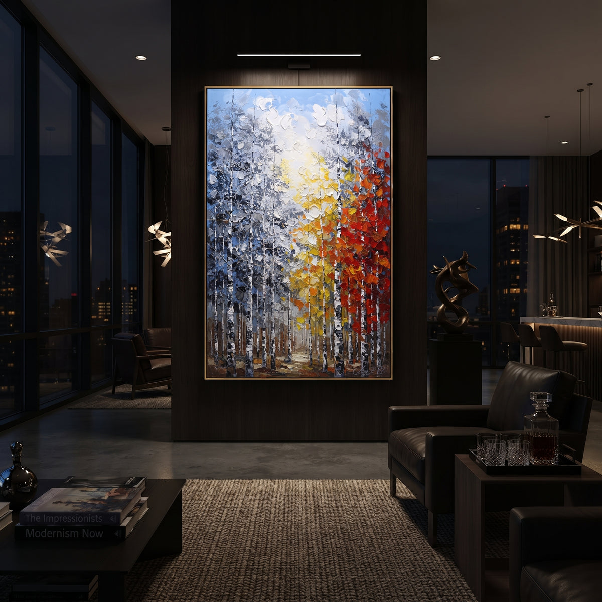"Golden Path Birch Forest Painting" focuses on atmosphere, surface movement, and sculptural heavy impasto craftsmanship rather than a fixed literal storyline. The composition uses this hand-painted vertical canvas shows a tall birch forest with a bright golden path of yellow and white leaves beside a red orange canopy, set against cool blue grey woods as the visual anchor, while layered palette-knife paint, raised plaster-like texture, and softened brush movement create tactile depth across the