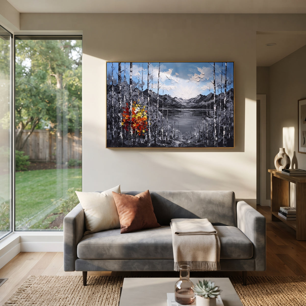 "Grey Lake Birch Window Painting" focuses on atmosphere, surface movement, and sculptural heavy impasto craftsmanship rather than a fixed literal storyline. The composition uses this hand-painted horizontal canvas frames a quiet grey lake and distant mountains with black and white birch trunks, pale blue sky, and a compact red yellow autumn tree at left as the visual anchor, while layered palette-knife paint, raised plaster-like texture, and softened brush movement create tactile depth across