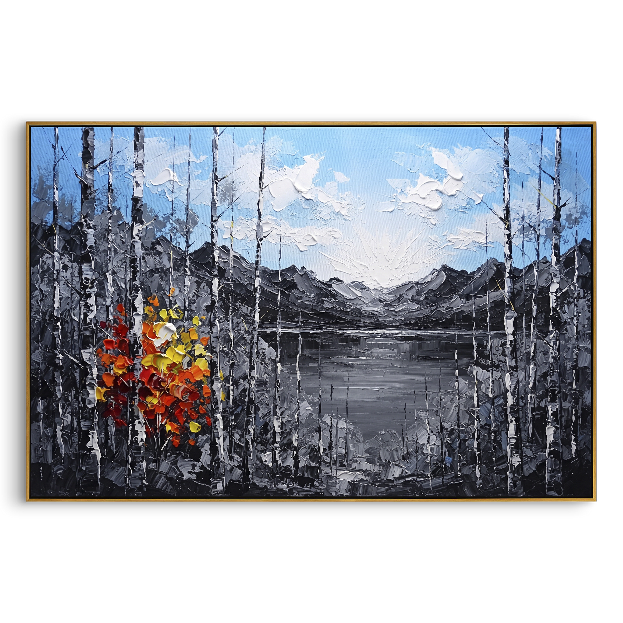 "Grey Lake Birch Window Painting" focuses on atmosphere, surface movement, and sculptural heavy impasto craftsmanship rather than a fixed literal storyline. The composition uses this hand-painted horizontal canvas frames a quiet grey lake and distant mountains with black and white birch trunks, pale blue sky, and a compact red yellow autumn tree at left as the visual anchor, while layered palette-knife paint, raised plaster-like texture, and softened brush movement create tactile depth across