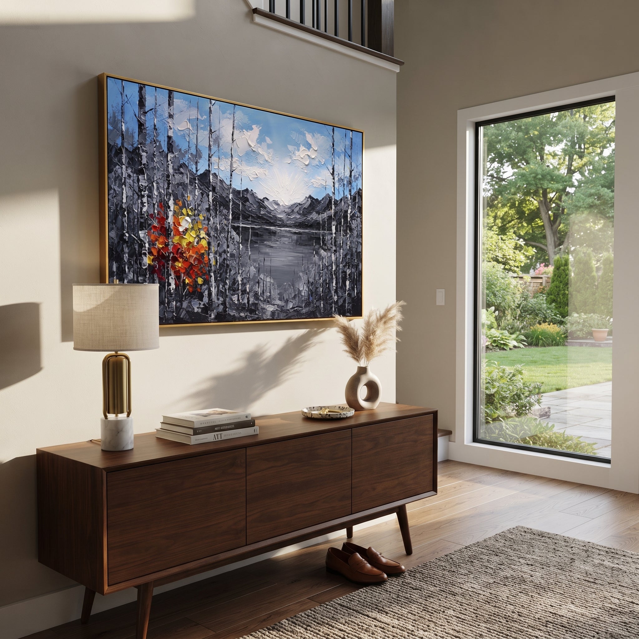 "Grey Lake Birch Window Painting" focuses on atmosphere, surface movement, and sculptural heavy impasto craftsmanship rather than a fixed literal storyline. The composition uses this hand-painted horizontal canvas frames a quiet grey lake and distant mountains with black and white birch trunks, pale blue sky, and a compact red yellow autumn tree at left as the visual anchor, while layered palette-knife paint, raised plaster-like texture, and softened brush movement create tactile depth across