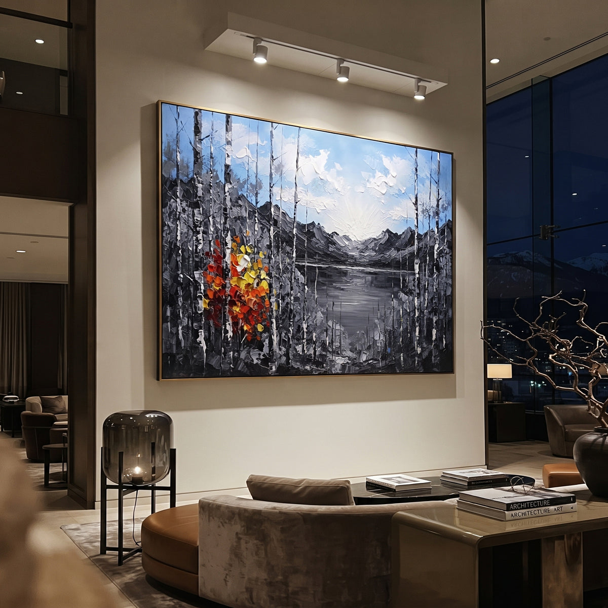 "Grey Lake Birch Window Painting" focuses on atmosphere, surface movement, and sculptural heavy impasto craftsmanship rather than a fixed literal storyline. The composition uses this hand-painted horizontal canvas frames a quiet grey lake and distant mountains with black and white birch trunks, pale blue sky, and a compact red yellow autumn tree at left as the visual anchor, while layered palette-knife paint, raised plaster-like texture, and softened brush movement create tactile depth across