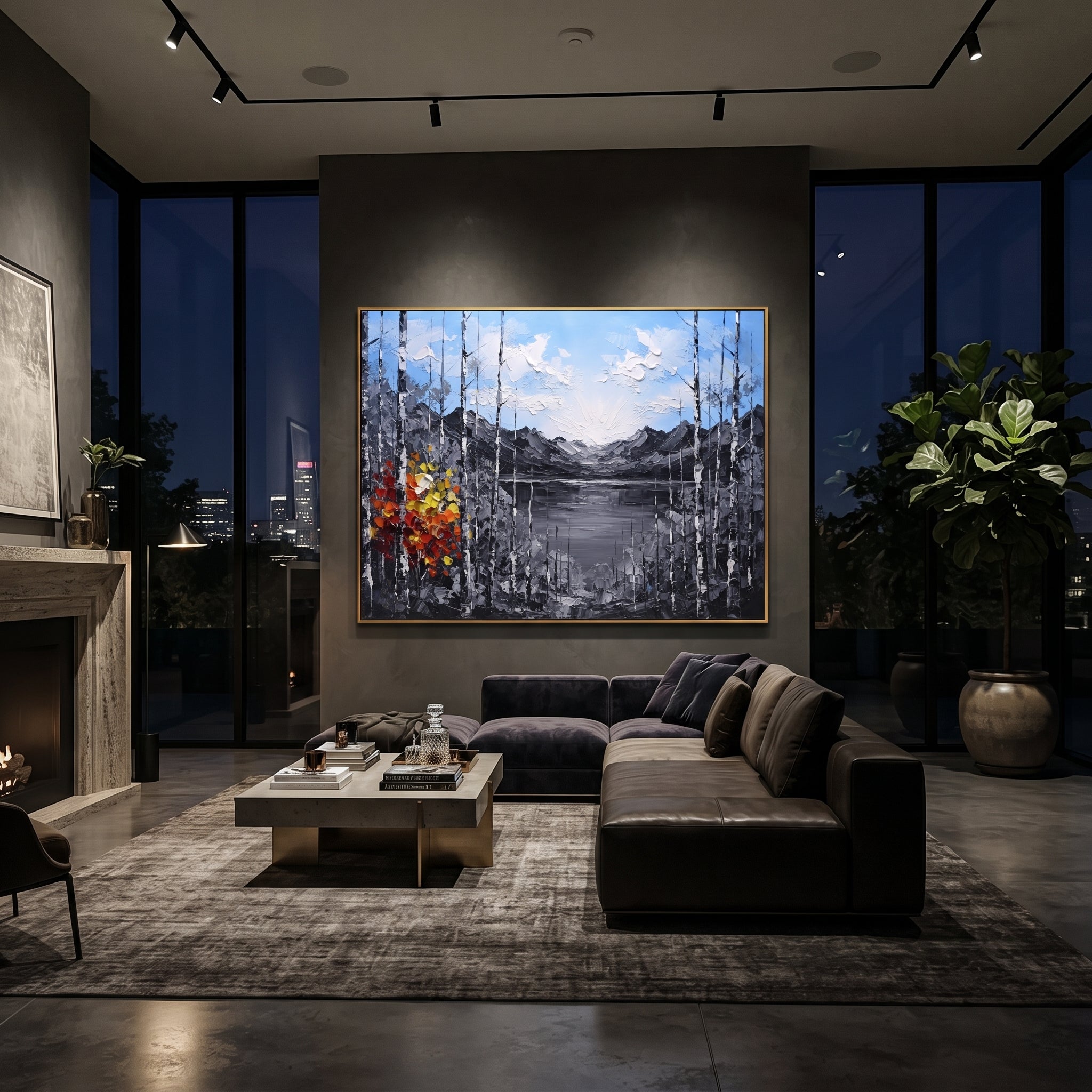 "Grey Lake Birch Window Painting" focuses on atmosphere, surface movement, and sculptural heavy impasto craftsmanship rather than a fixed literal storyline. The composition uses this hand-painted horizontal canvas frames a quiet grey lake and distant mountains with black and white birch trunks, pale blue sky, and a compact red yellow autumn tree at left as the visual anchor, while layered palette-knife paint, raised plaster-like texture, and softened brush movement create tactile depth across