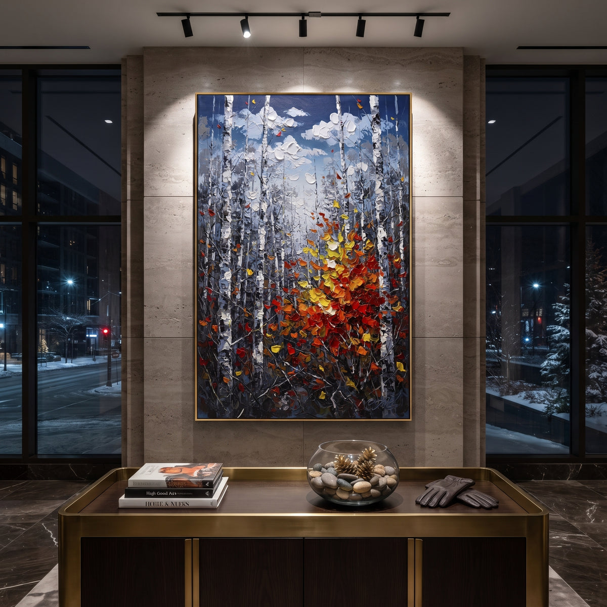 "Deep Blue Birch Leaves Painting" focuses on atmosphere, surface movement, and sculptural heavy impasto craftsmanship rather than a fixed literal storyline. The composition uses this hand-painted vertical canvas features a dark blue grey birch forest with tall white trunks and a rich red, orange, and yellow leaf cluster glowing from the lower right as the visual anchor, while layered palette-knife paint, raised plaster-like texture, and softened brush movement create tactile depth across the