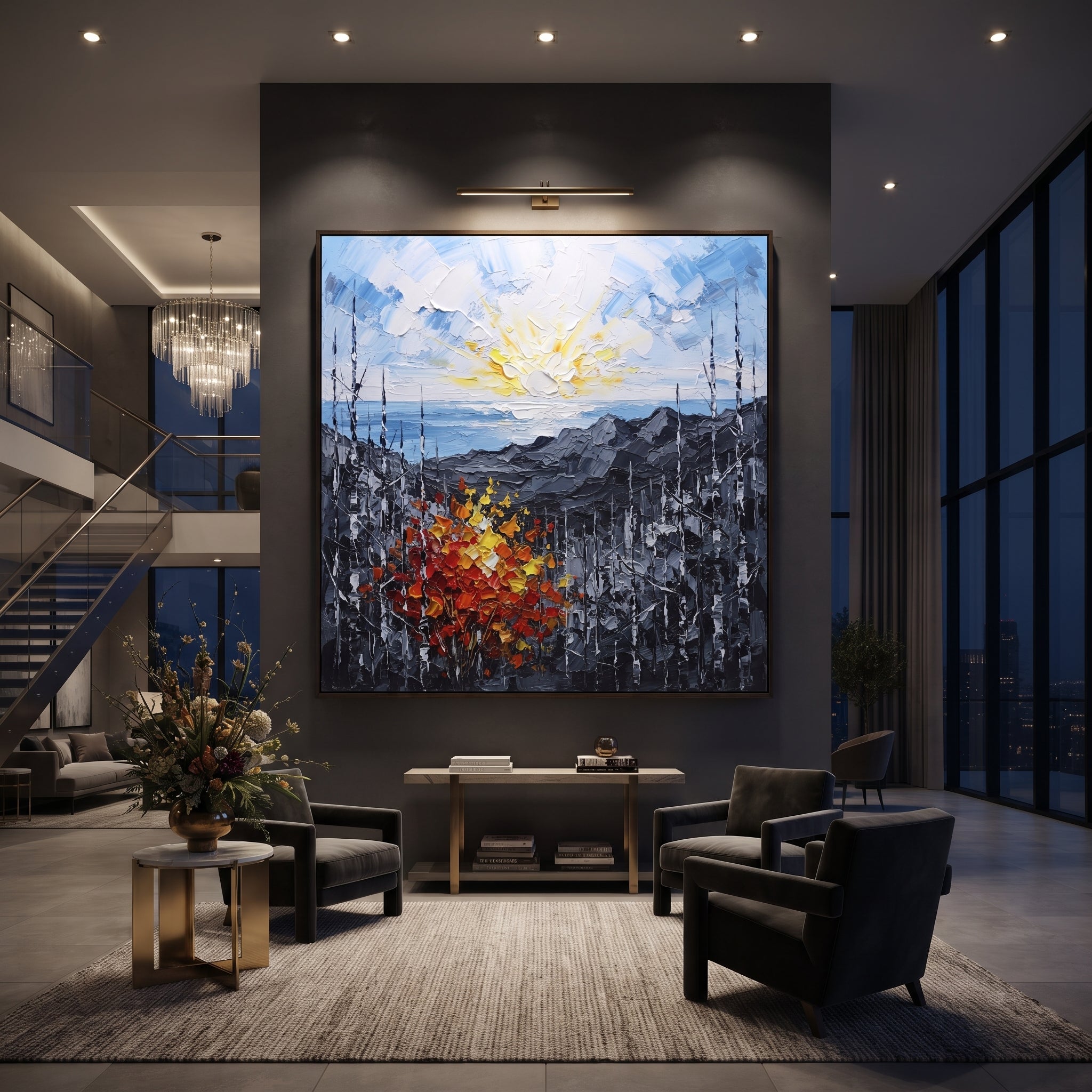 "Sunrise Ridge Birch Painting" focuses on atmosphere, surface movement, and sculptural heavy impasto craftsmanship rather than a fixed literal storyline. The composition uses this hand-painted square canvas presents a glowing sunrise over grey mountain ridges, with black and white birches and a red orange yellow autumn shrub in heavy textured strokes as the visual anchor, while layered palette-knife paint, raised plaster-like texture, and softened brush movement create tactile depth across the