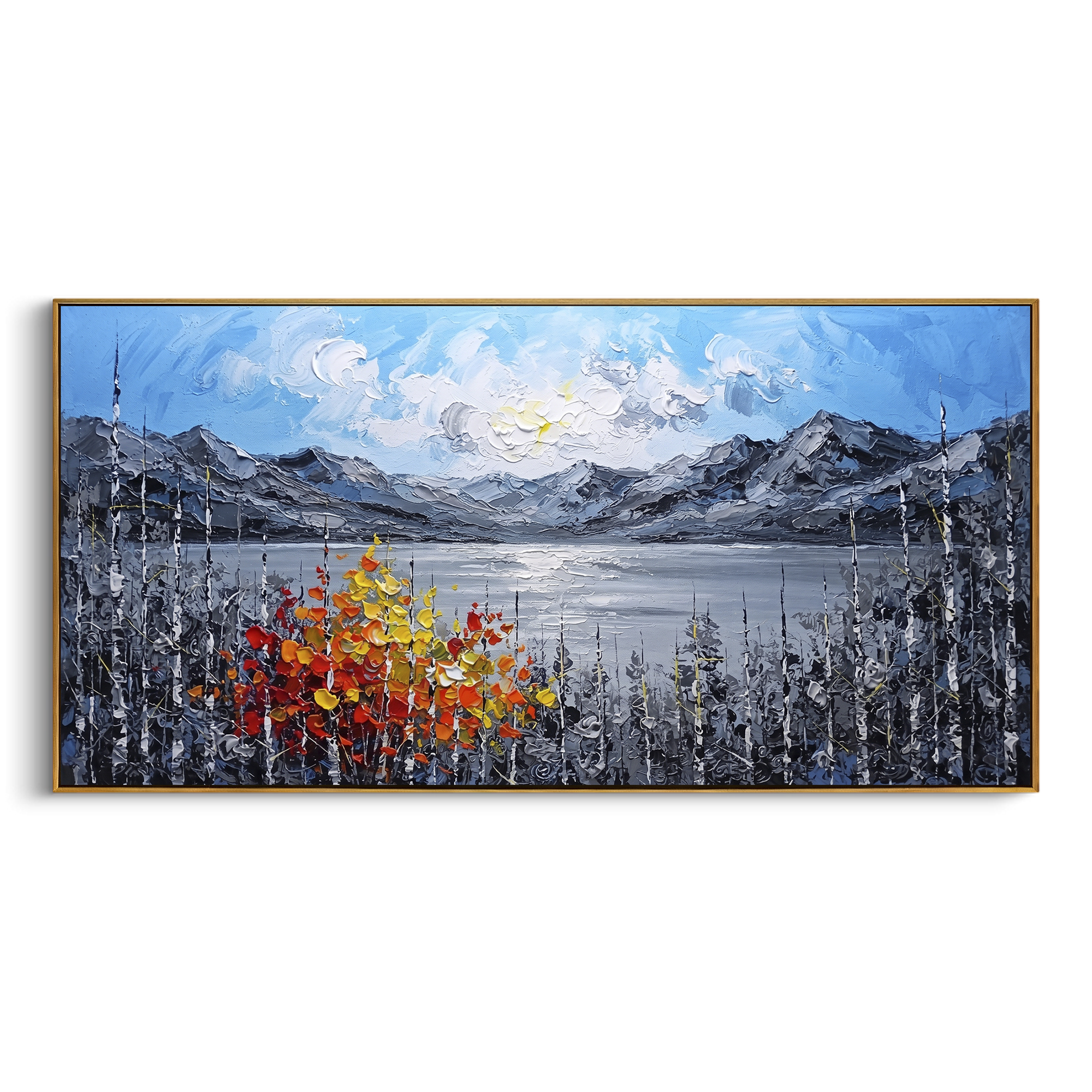"Wide Mountain Lake Birch Painting" focuses on atmosphere, surface movement, and sculptural heavy impasto craftsmanship rather than a fixed literal storyline. The composition uses this hand-painted panoramic canvas stretches across a silver mountain lake beneath a blue sky, with white birch trunks and a red orange yellow autumn tree anchoring the foreground as the visual anchor, while layered palette-knife paint, raised plaster-like texture, and softened brush movement create tactile depth