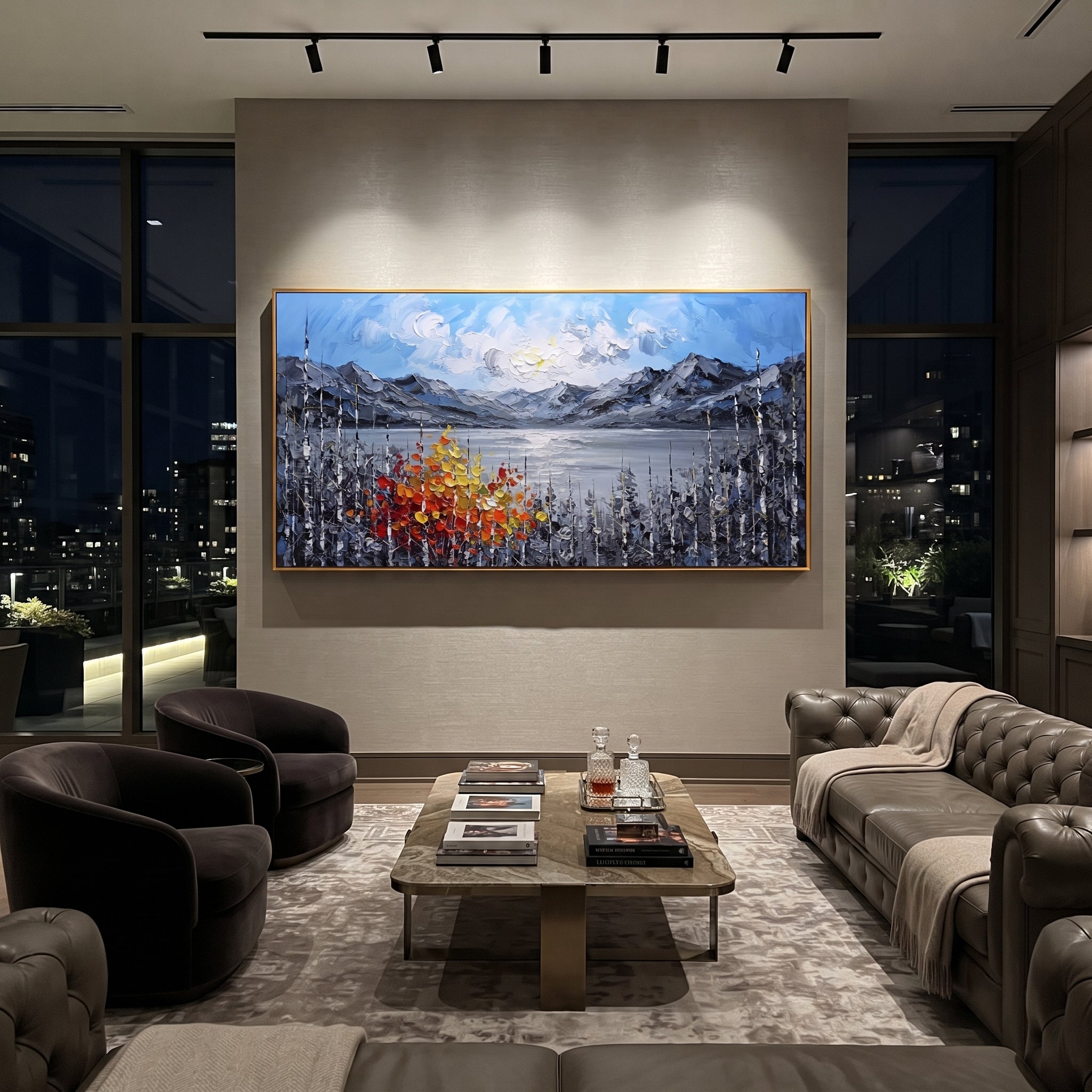 "Wide Mountain Lake Birch Painting" focuses on atmosphere, surface movement, and sculptural heavy impasto craftsmanship rather than a fixed literal storyline. The composition uses this hand-painted panoramic canvas stretches across a silver mountain lake beneath a blue sky, with white birch trunks and a red orange yellow autumn tree anchoring the foreground as the visual anchor, while layered palette-knife paint, raised plaster-like texture, and softened brush movement create tactile depth